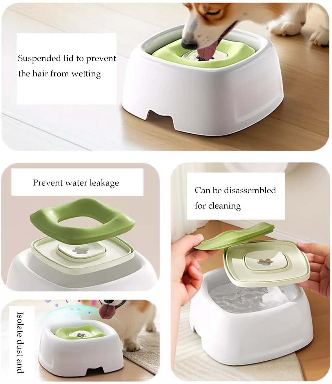 Tigela flutuante para cães e gatos - Dispensador de água anti-respingos, ajustável, 1,5L, verde - 2