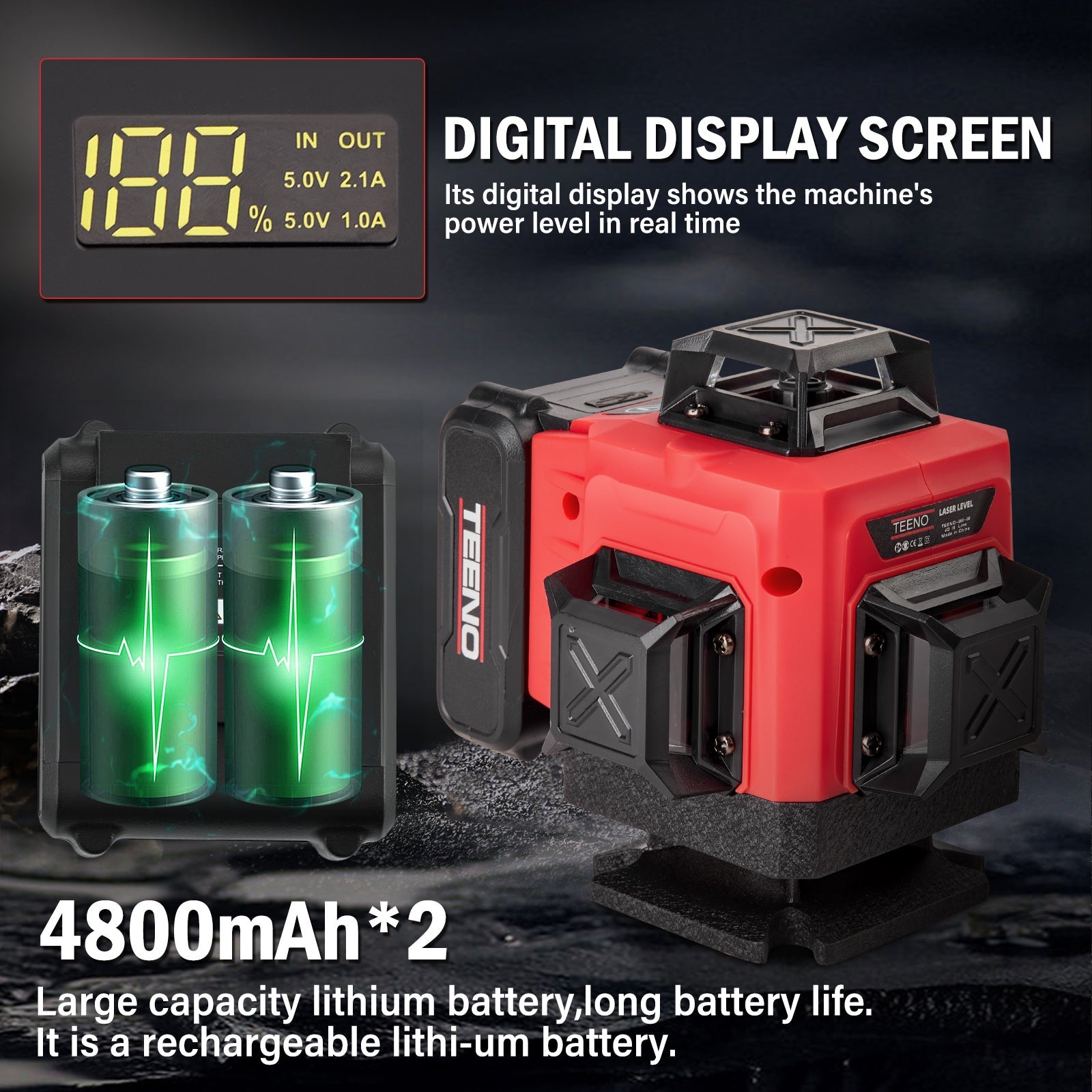 TEENO Niveau laser 4 x 360° vert 4D 16 lignes, batterie rechargeable 4800 mAh x 2 avec télécommande et trépied, affichage digital LCD, base magnétique - 3