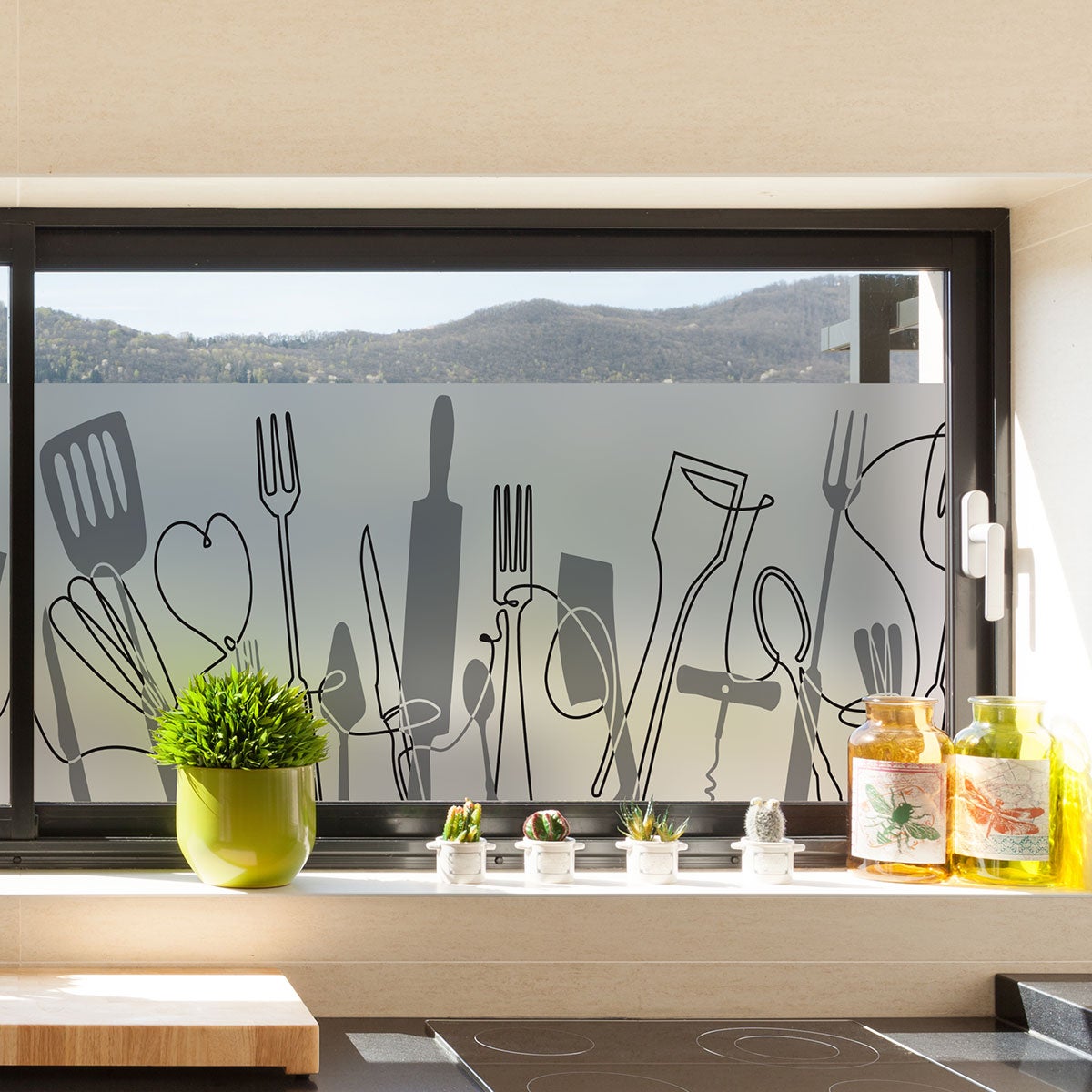 Vinilo opaco y privacidad para ventana 2 metros x 40 cm utensilios de cocina - adhesivo pared - sticker revestimiento