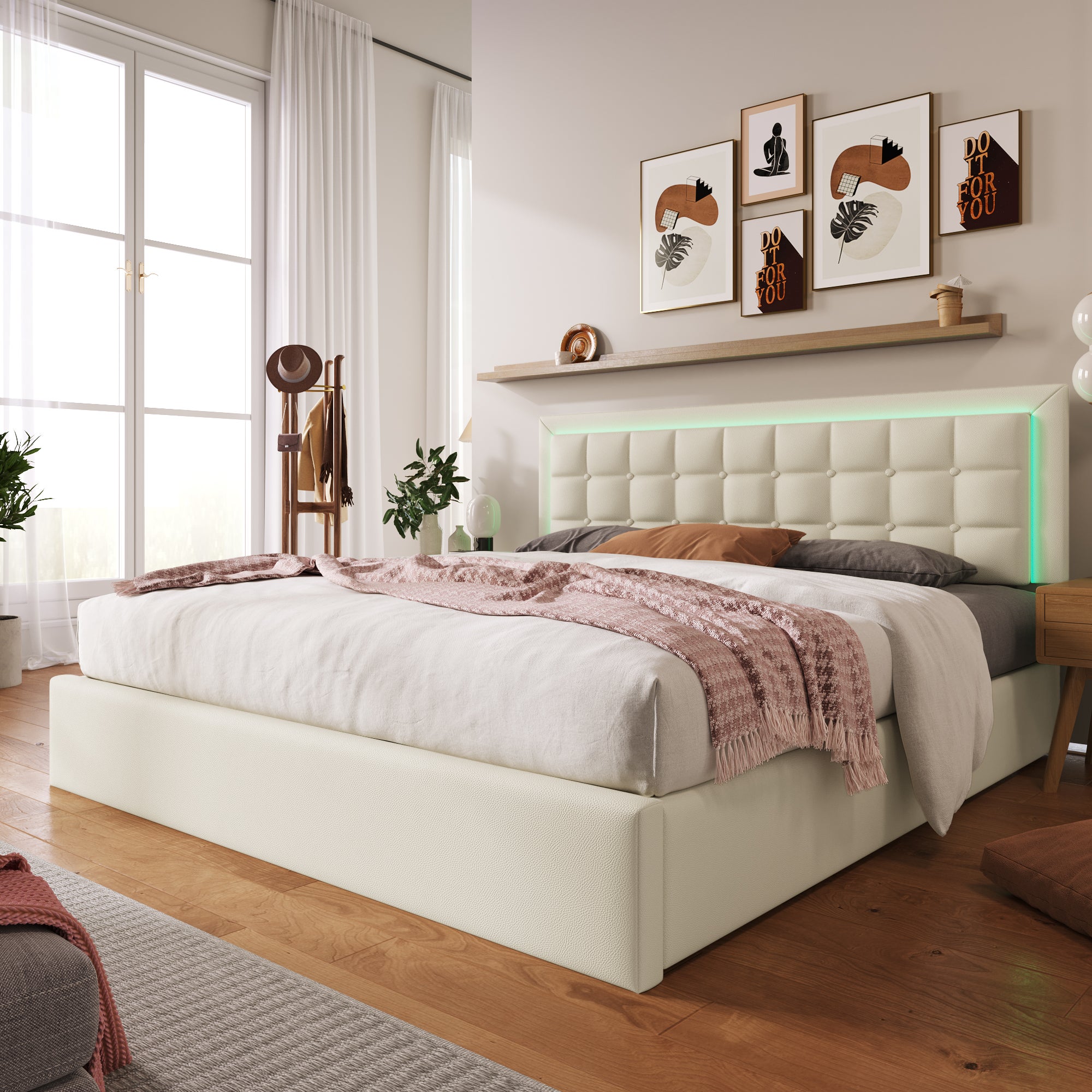 Cama Tapizada Con Iluminación LED Y Almacenaje Hidráulico, 140x200 Cm, Cabecero Ajustable