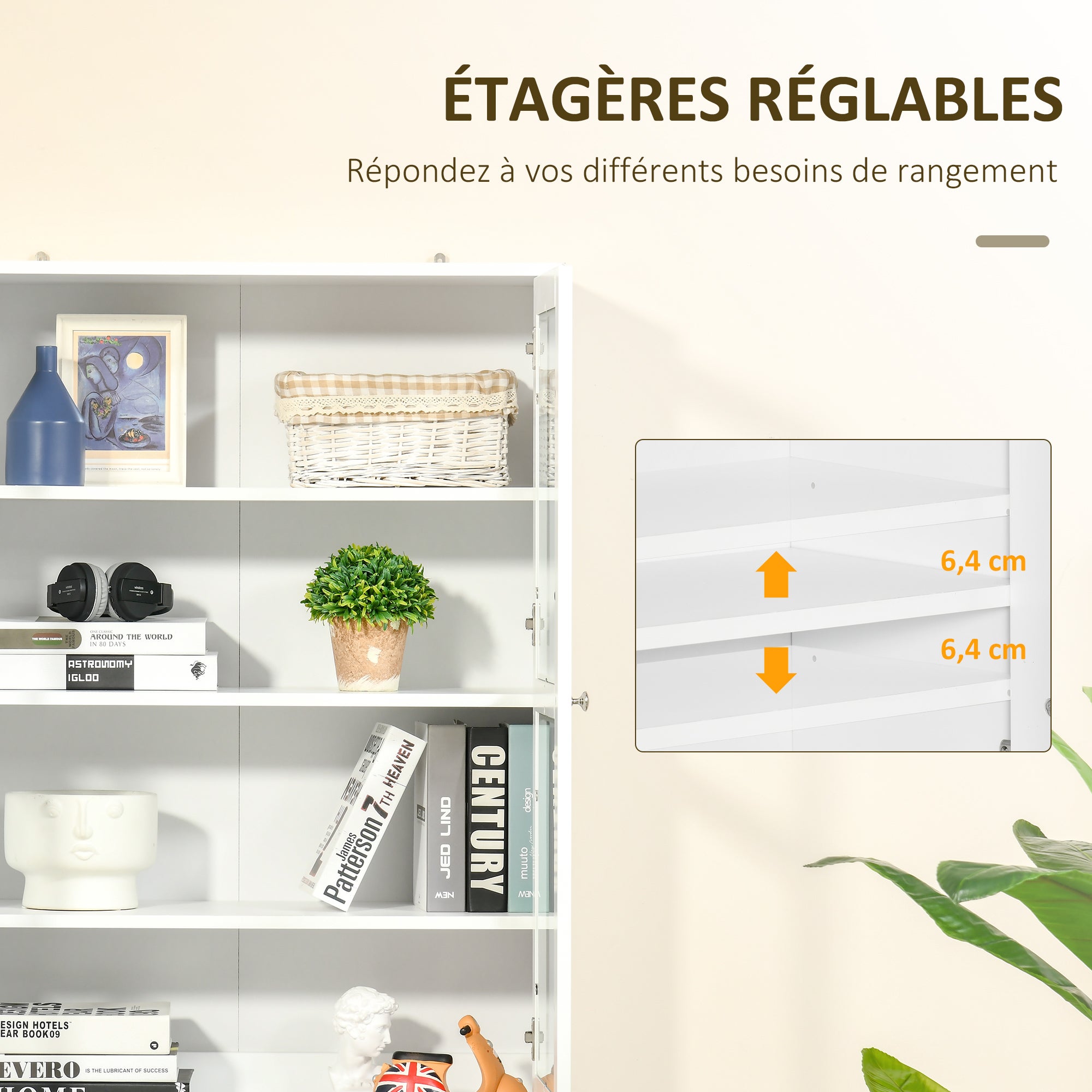 Bibliothèque vitrine, buffet salon, meuble de rangement avec 2 portes verre, 2 portes bois, 4 étagères réglables, pour salon, bureau, chambre, blanc - 6