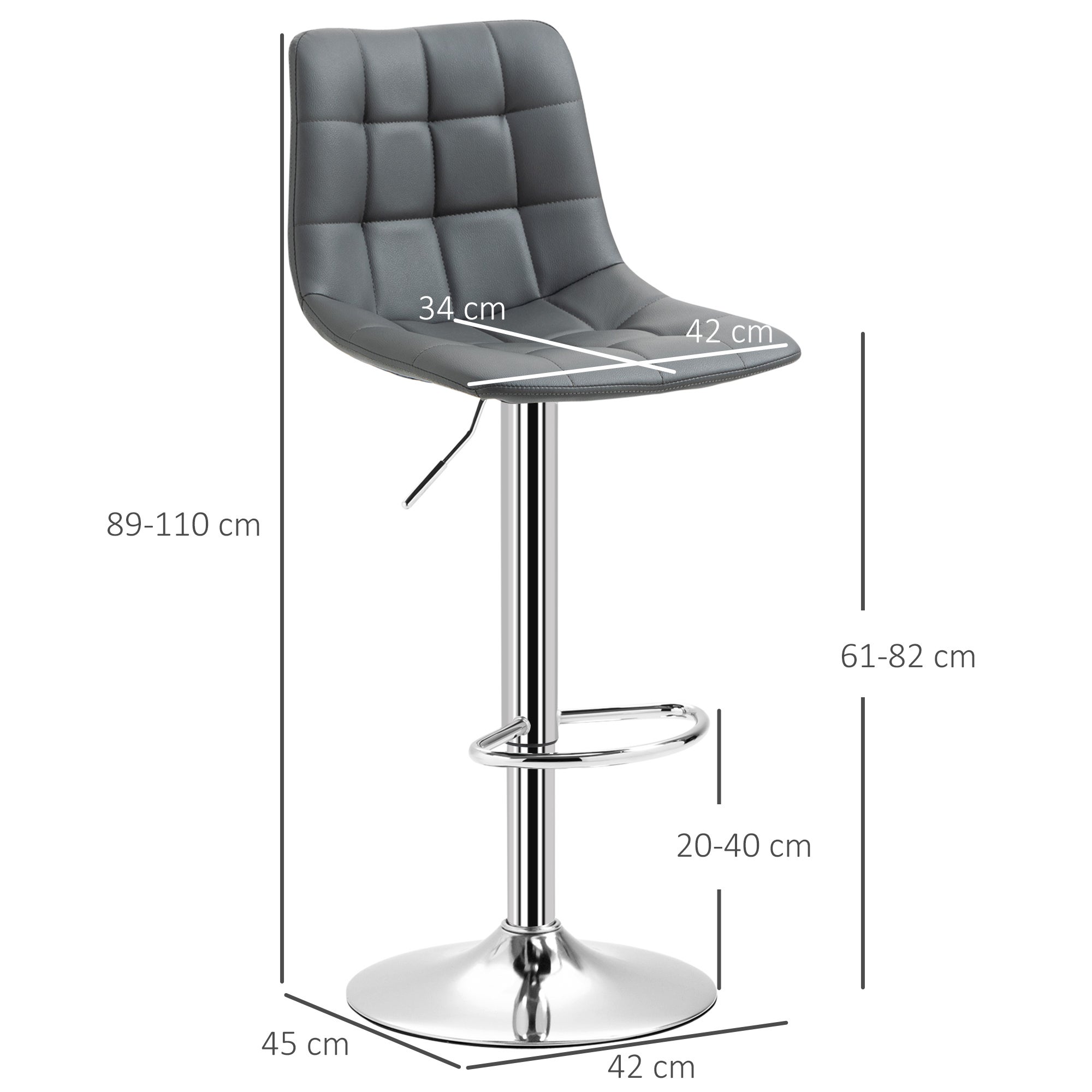 HOMCOM Set 2 Sgabelli da Bar Girevoli in Similpelle con Schienale e Poggiapiedi, 42x45x89-110cm, Grigio - 3