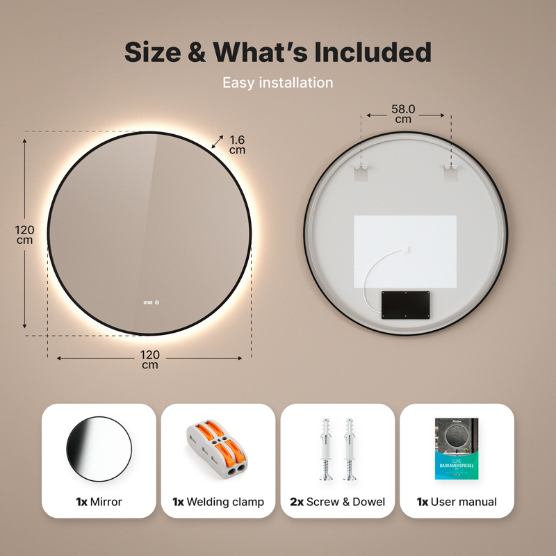 Miroir de salle de bain Mirlux avec éclairage LED et fonction chauffante - Miroir mural rond - Miroir de douche anti-condensation - Noir mat - 120 cm - 7