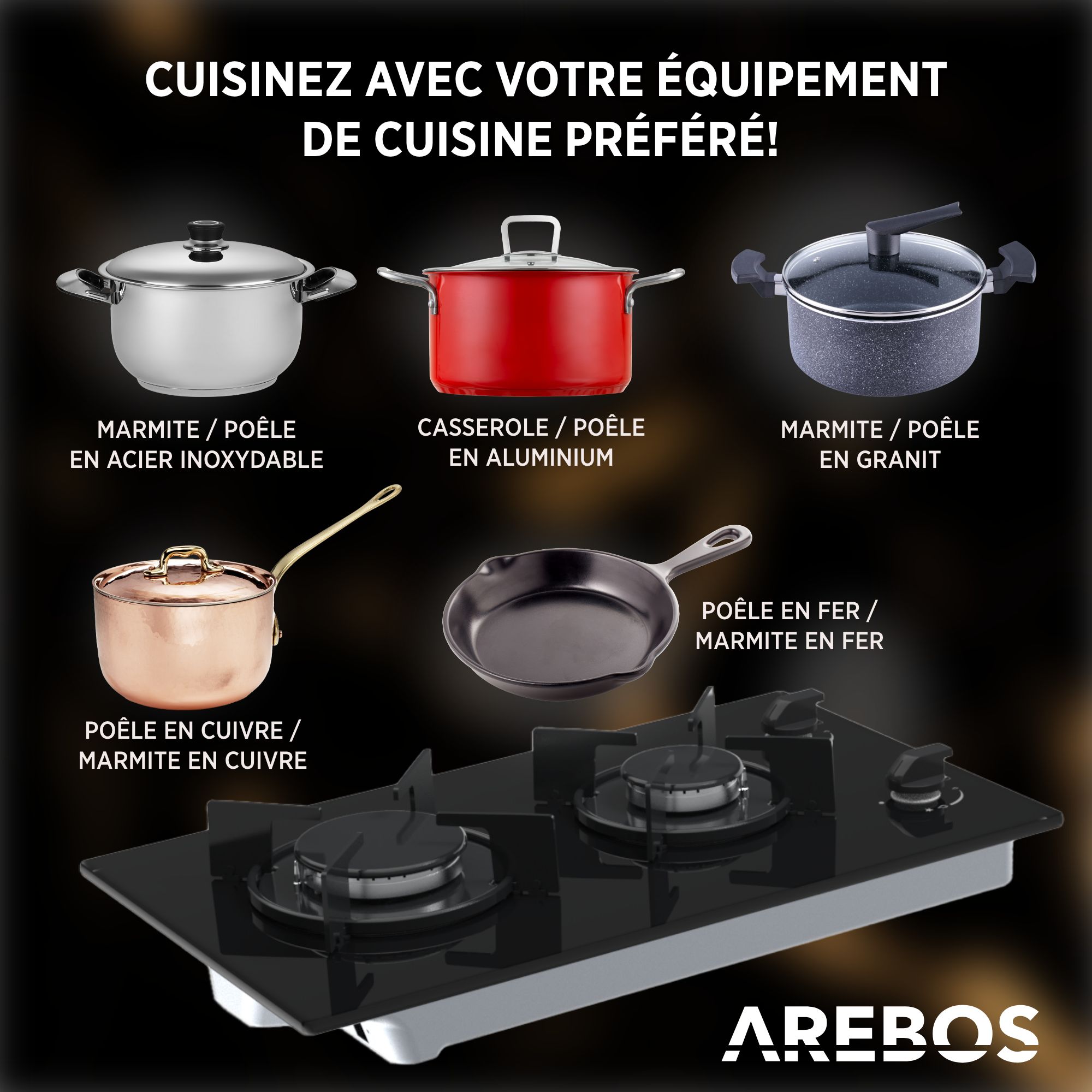 AREBOS Plaque de cuisson à gaz à 2 brûleurs – Design moderne, compatible gaz naturel et propane, sécurité intégrée, idéale pour toutes les cuisines - 5