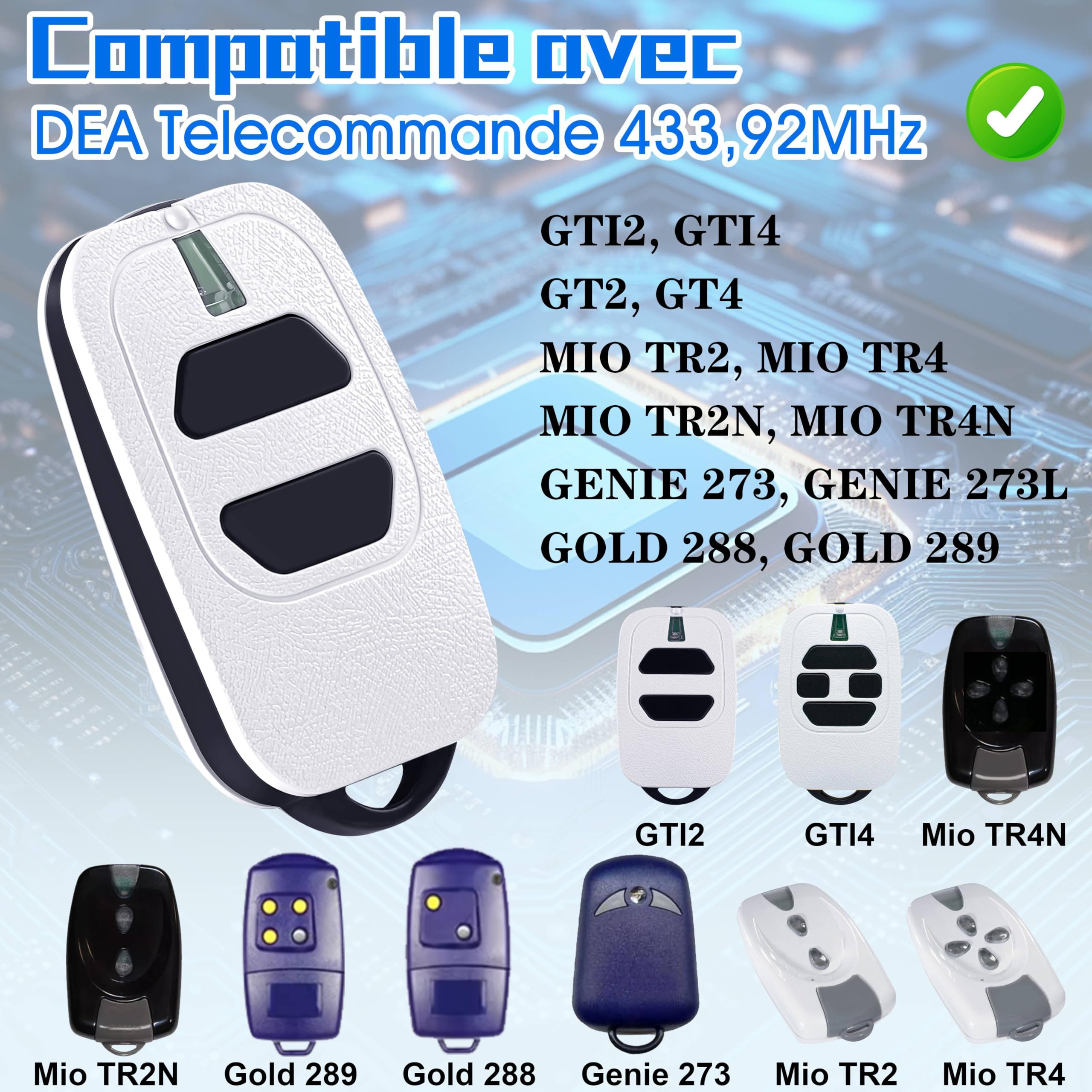 Lot de 2 Telecommande Portail 433,92MHz Compatible avec GTI2/4, GT2/4