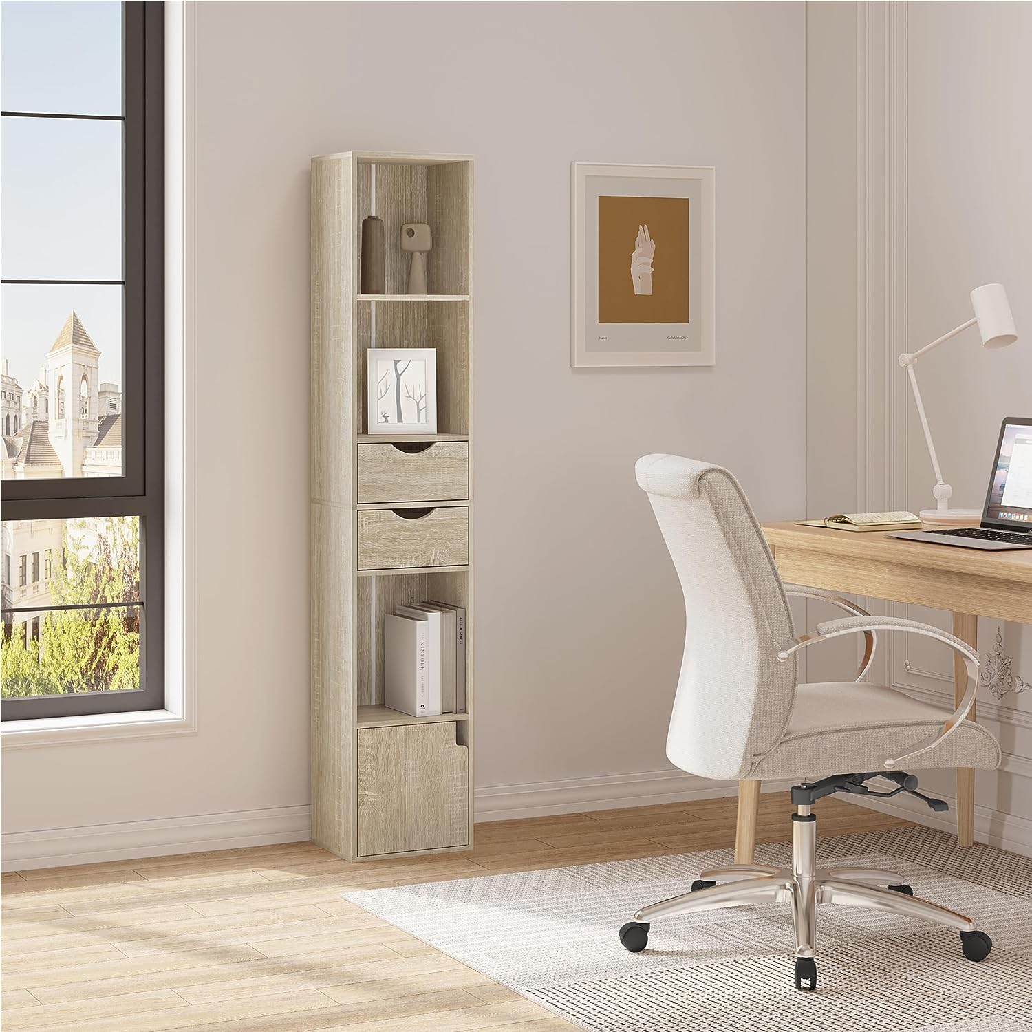 WOLTU Bibliothèque Étagère.Colonne avec 3 Compartiments Ouverts.2 Tiroirs et 1 Casier.30x24x158cm.Chêne Clair - 3