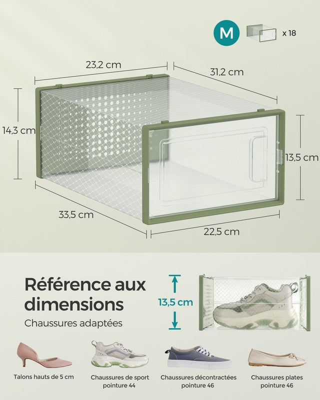 Boîtes à Chaussures, Lot de 18, Rangement Chaussures, Pliable, pour Pointure jusqu’à 44, Transparent et Vert Olive - 5