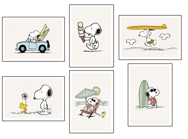 Ensemble de 6 tableaux, décoration de salon moderne, chambres à coucher, chambre d'enfant, dessins, peluches, Snoopy, (29 x 20 cm chaque tableau)