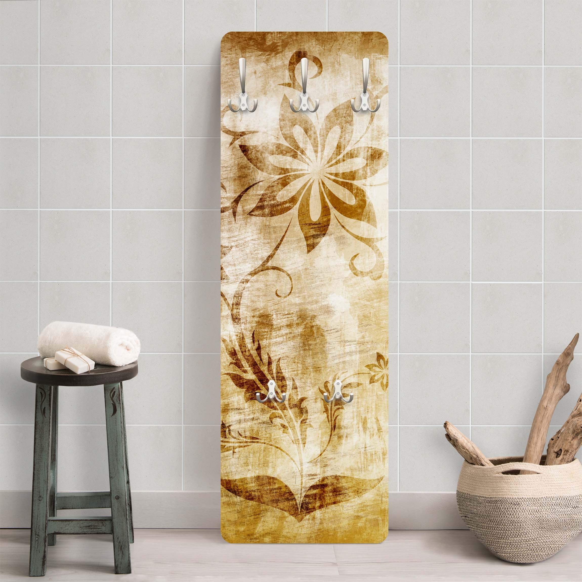 Perchero de pared motivo percha de pared madera perchero recibidor colgador de pared moderno crema beige flores 1098 - entrada - 105 x 34 cm