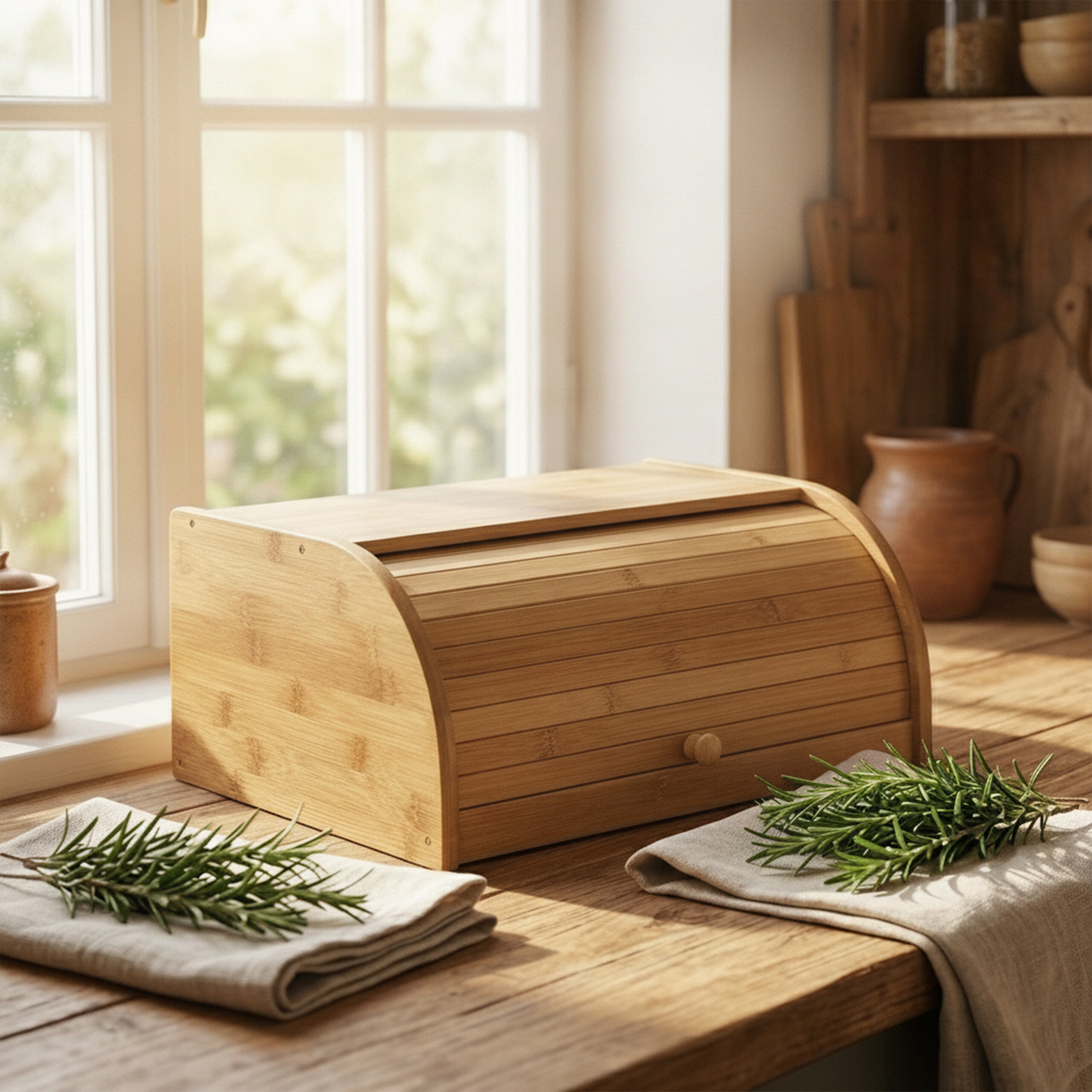 Panera de bambú, tapa deslizante, caja de pan de madera, 16,5 x 40 x 27,5 cm, abatible, marrón natural, Relaxdays - 5