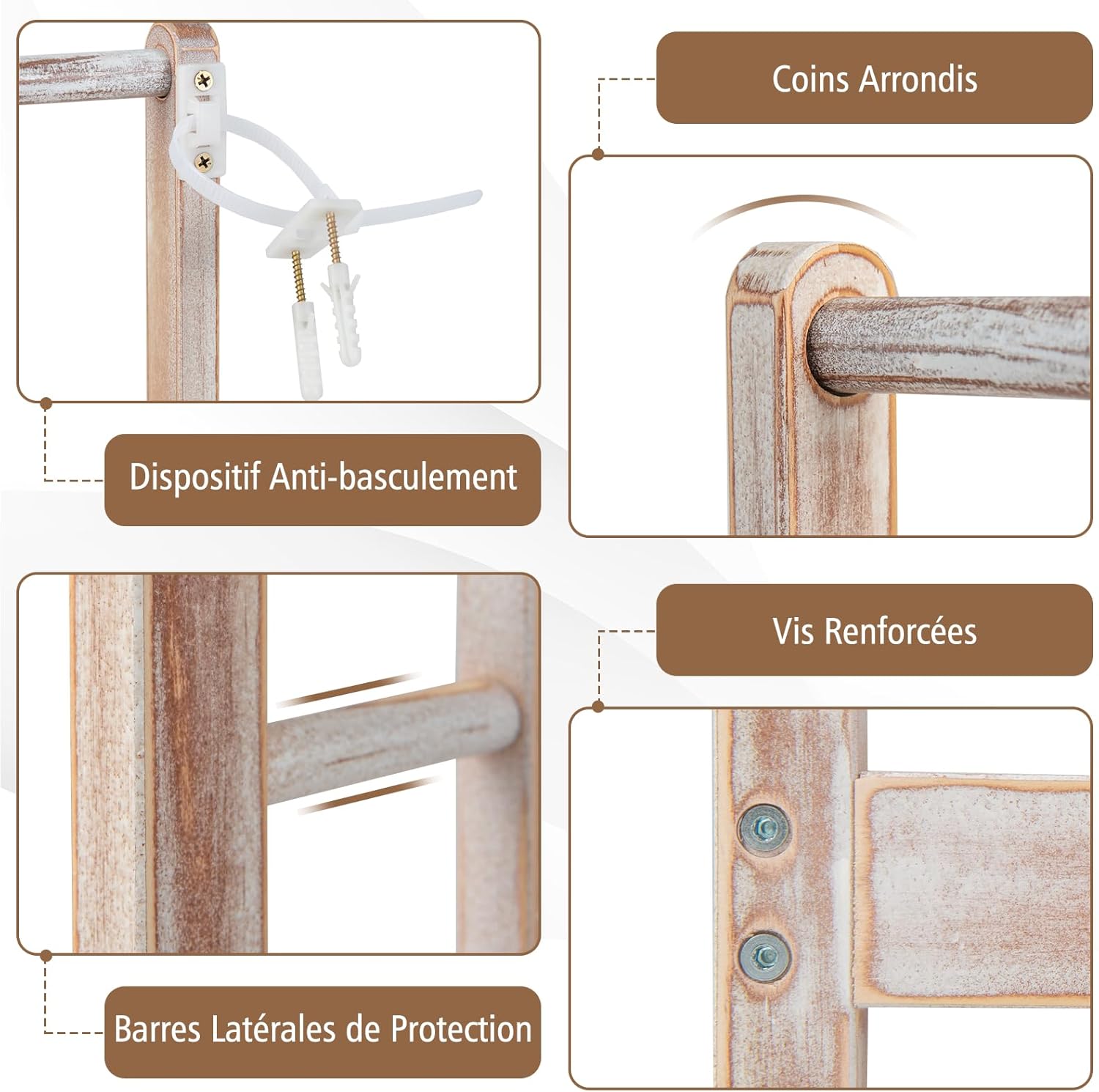 Porte-Serviettes sur Pied en Bois Massif, Porte-Serviettes avec 3 Barres Hauteur Différente et Étagère Inférieure Surélevée, 45x22x86cm, Blanc - 5
