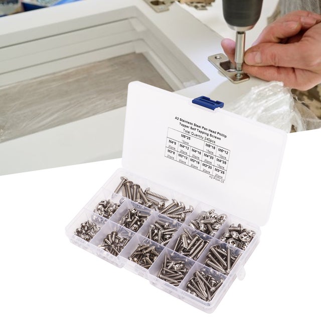 Kit 240 tornillos autorroscantes inox 304 M3/M4/M5 – cabeza plana, caja