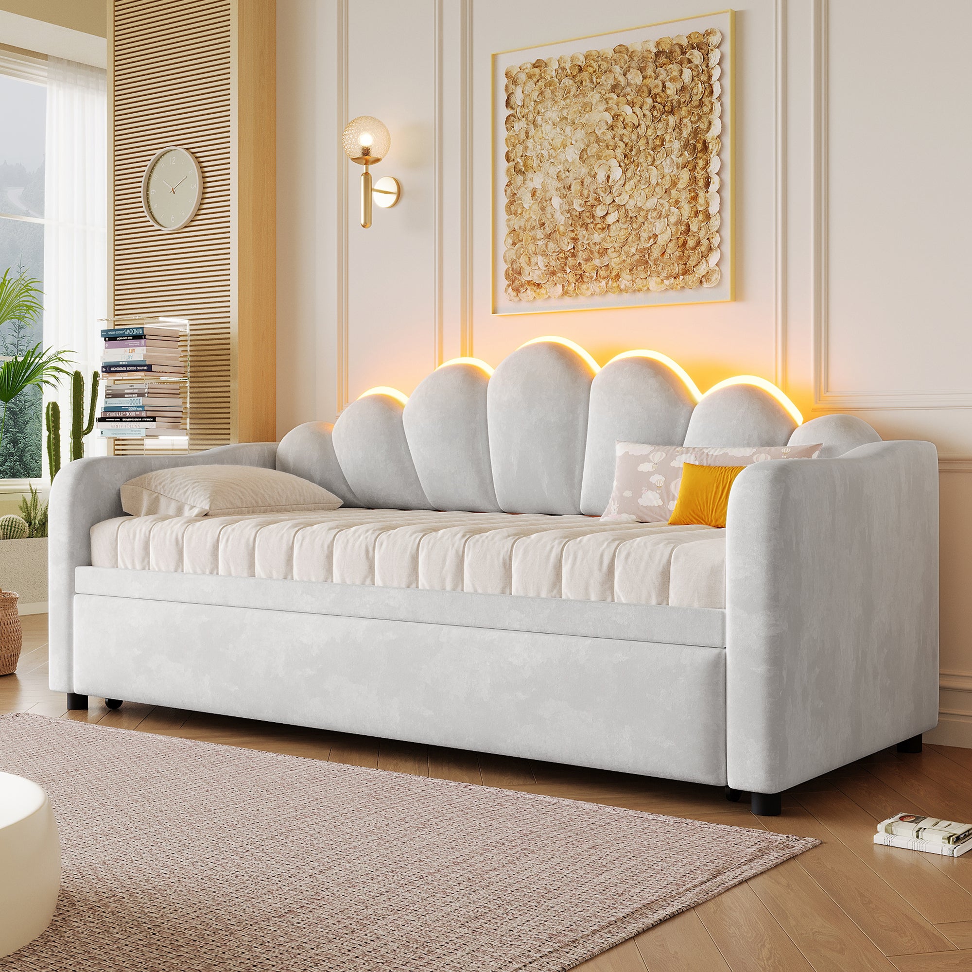 Łóżko wysuwane 90 x 200 cm z zagłówkiem i oświetleniem LED - MDF, sklejka i aksamit - 10 listew - Szare (Materac nie jest wliczony w cenę) - 4
