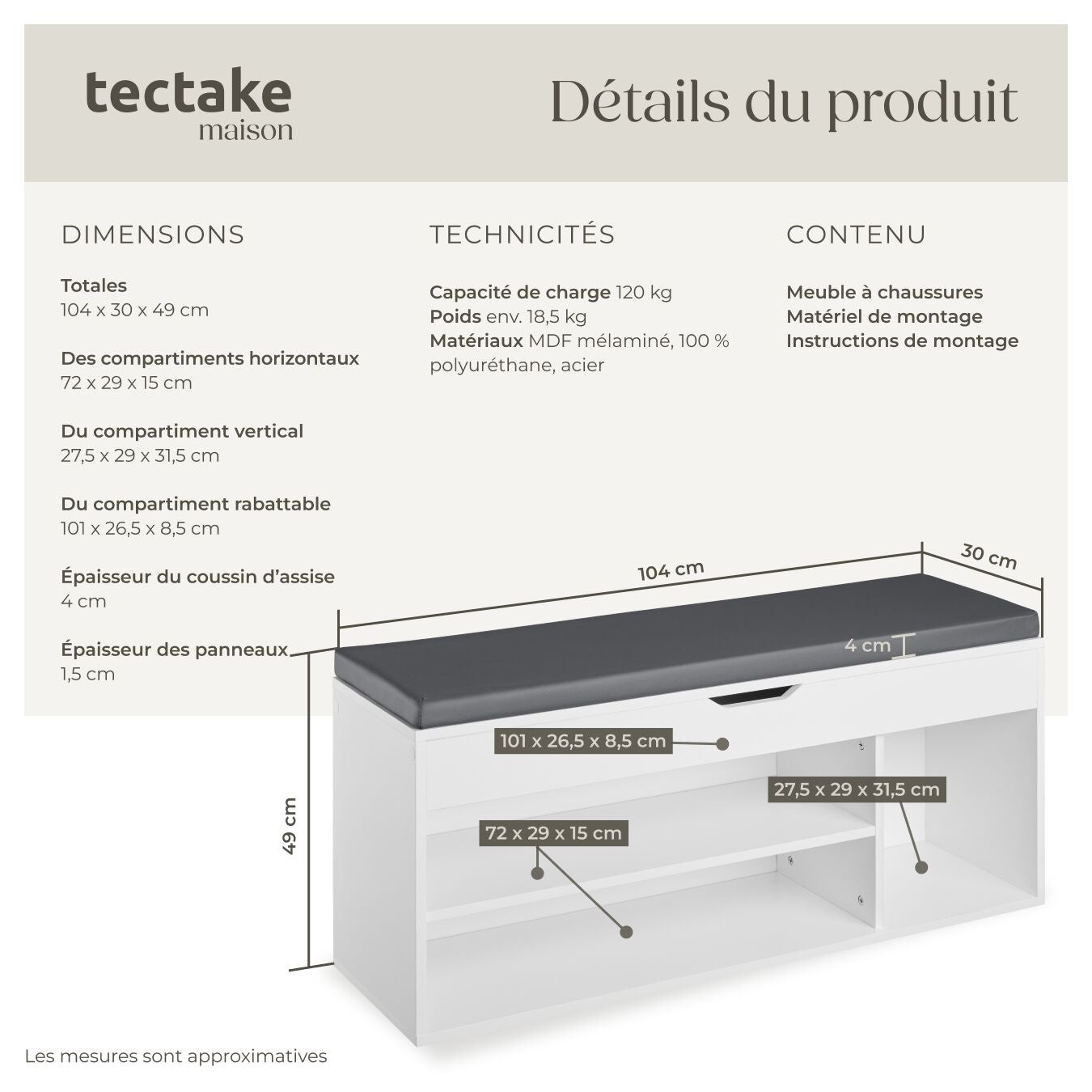 Banc à chaussures en bois MDF 104 x 30 x 49 cm TECTAKE - 6