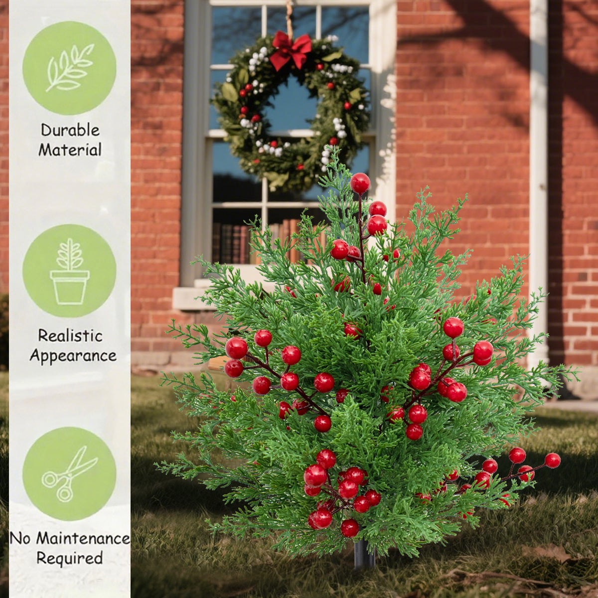 2 topiari di Natale artificiali – pianta esterna realistica con cipresso e bacche rosse, perfetta per veranda, prato, giardino e decorazioni festive - 3