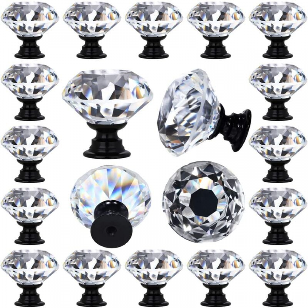 Zestaw 20 przezroczystych kryształowych uchwytów do szuflad, ozdobionych diamentami, uchwyty do szafek kuchennych, czarna podstawa 30mm (1-1/4")