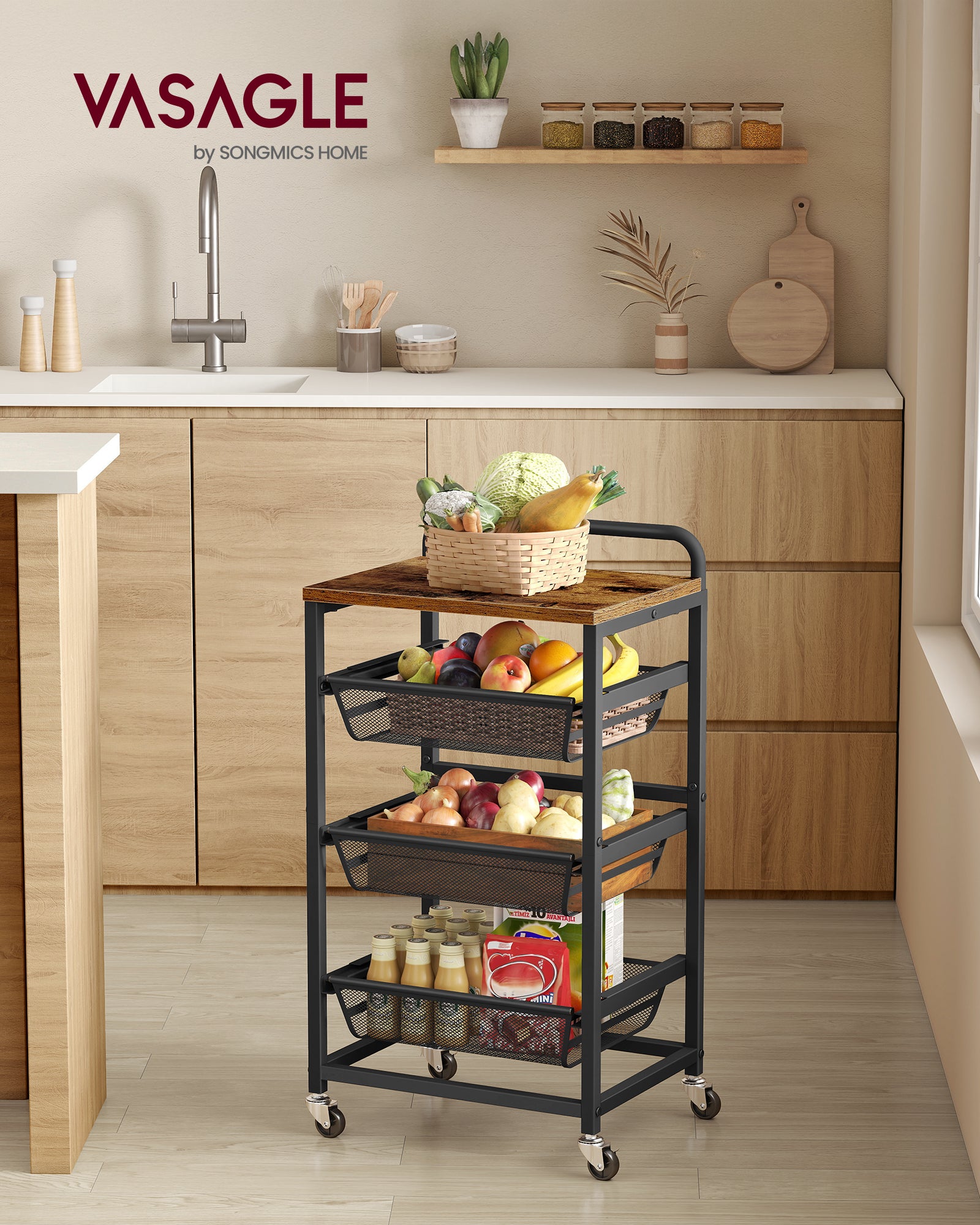 3/4 Tier Carrello Portaoggetti con Ruote- Carrello Portaoggetti Sli