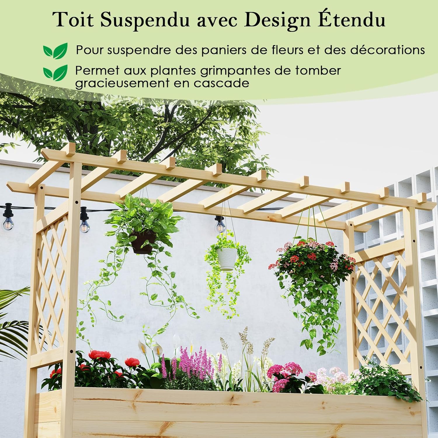 Jardinière avec 2 Treillis Latéraux Toit Suspendu en Bois Massif avec Trou de Drainage, Lit de Jardin Surélevé, 148,5 x 50 x 103,5 cm, Naturel - 6