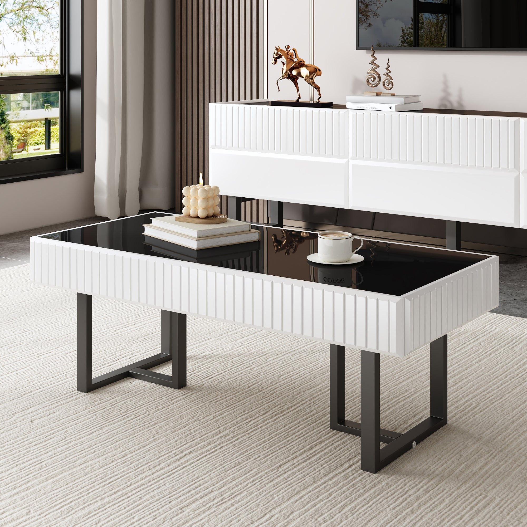 Zestaw mebli RTV 170 x 35 x 47 cm z 3 szufladami i stolikiem kawowym 110 x 50,5 x 41 cm - Płyta wiórowa + MDF - Kolor biały + czarny - 6
