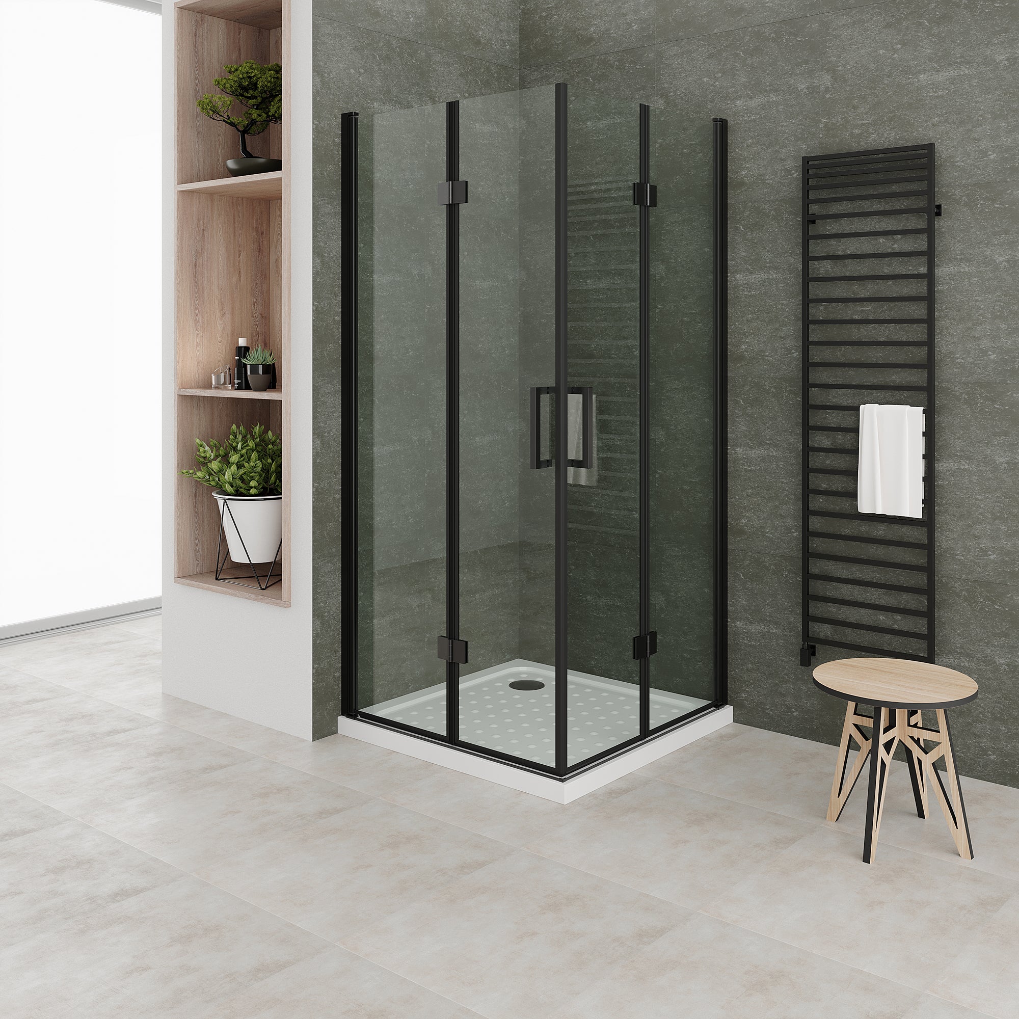 Moments Of Glass  Mampara De Ducha Belle 90X95x180cm, Reversible, Puertas Articuladas, Ajuste 88.5-90X93.5-95Cm, Cristal Templado Transparente 6Mm Negro , Leroy Merlin