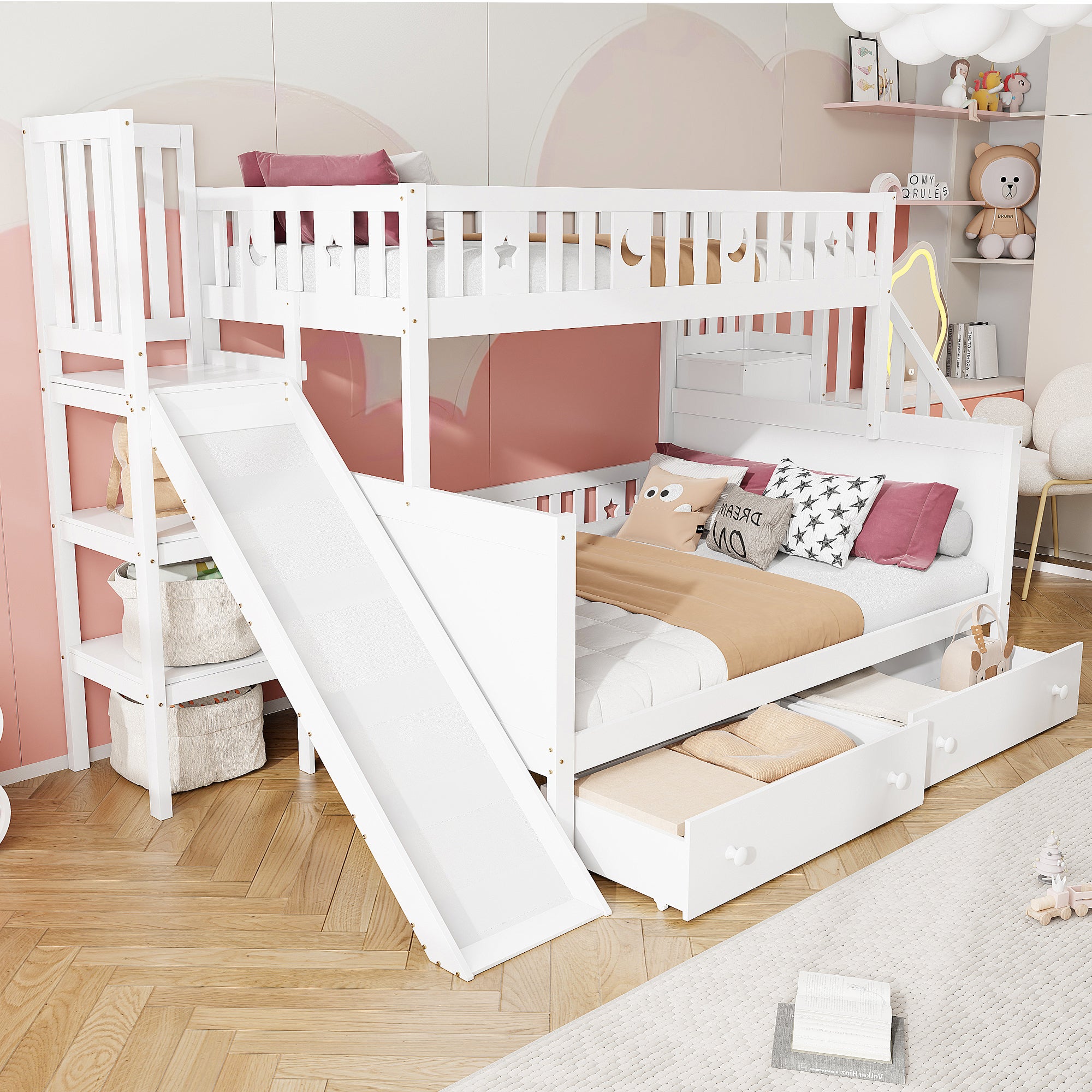 Lit Superposé Escamotable Horizontal 90x190 Avec échelle étagère Et Protection