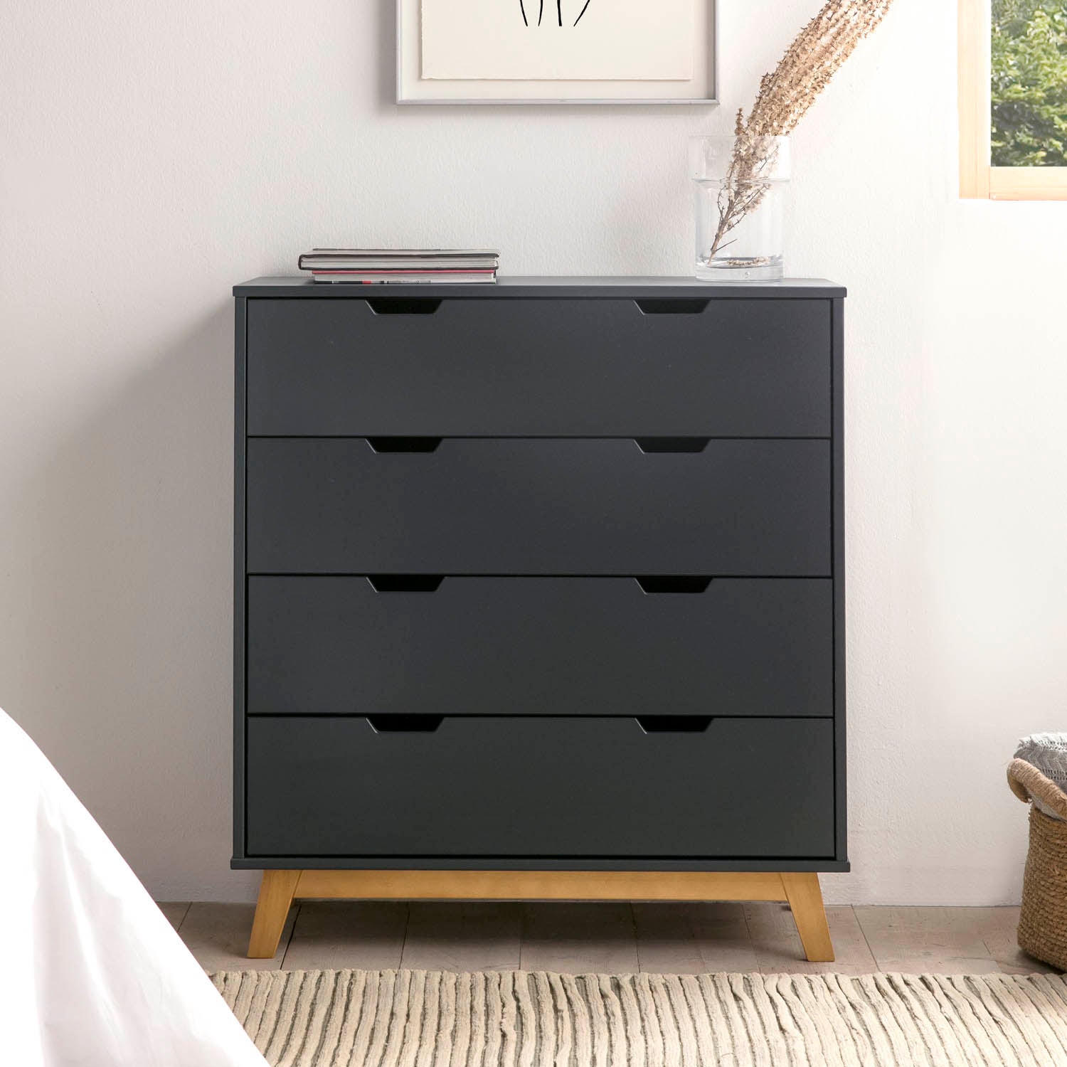 Commode Miranda avec 4 tirois en Couleur Anthracite, Pieds en Bois Naturel - 2
