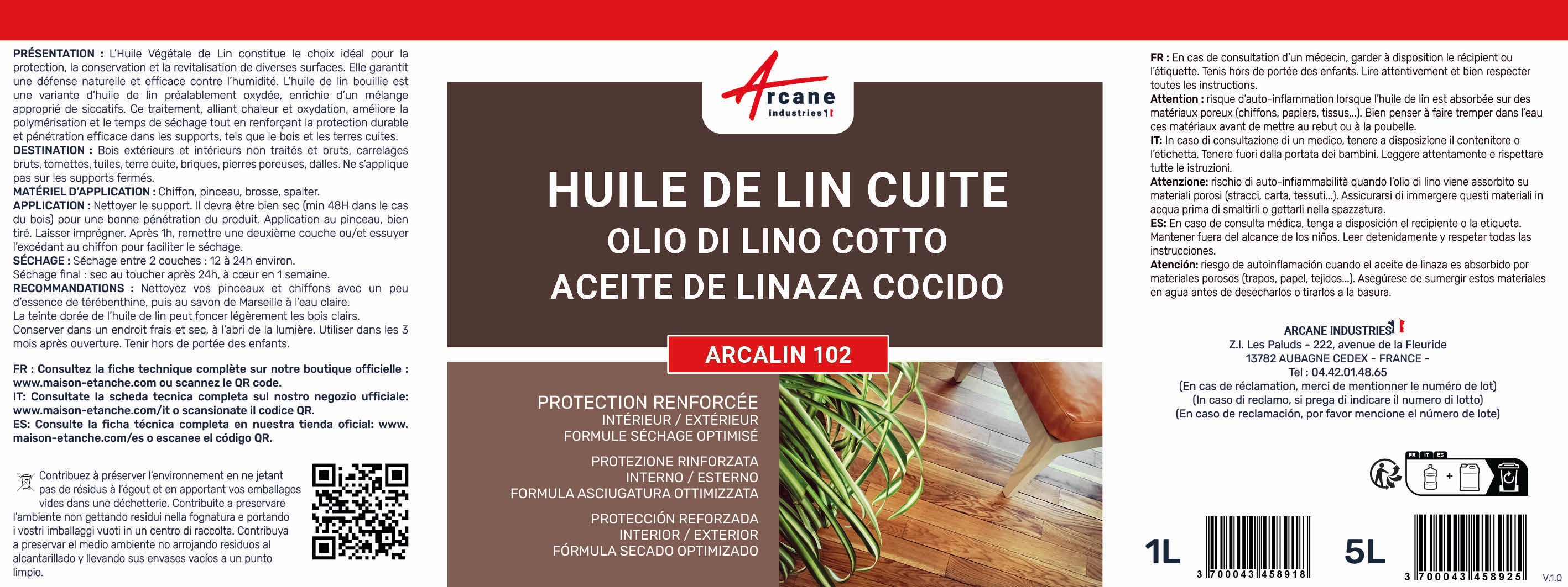 Huile de lin cuite pour entretien des bois, parquets, meubles, terrasse, pierres naturelles - 1 L - ARCANE INDUSTRIES - 6