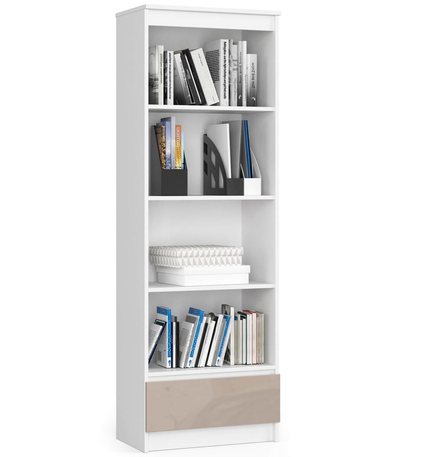Regał AKORD R60 Biały 60 cm 1 szuflada kolor Cappuccino Połysk 4 półki 60x35x180 cm