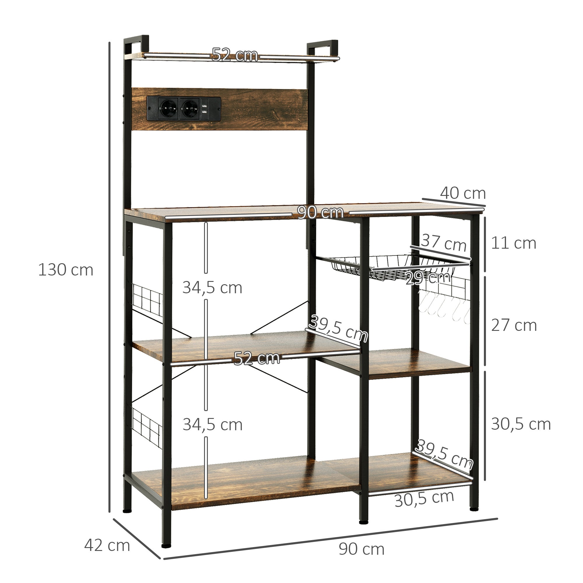 Estante de Cocina HOMCOM Melamina de Madera, Acero Marrón Rústico 90x42x130 cm - 3