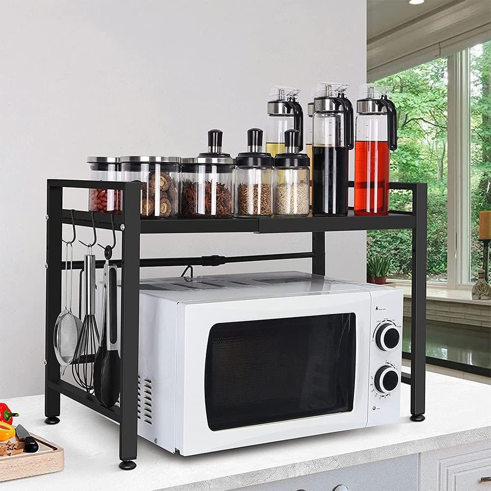 Meuble Rangement de Cuisine Support Four Micro-Ondes Extensible en Hauteur & Largeur - Noir, Acier au Carbone, 2 Niveaux d'étagère, 6 Crochets - 2