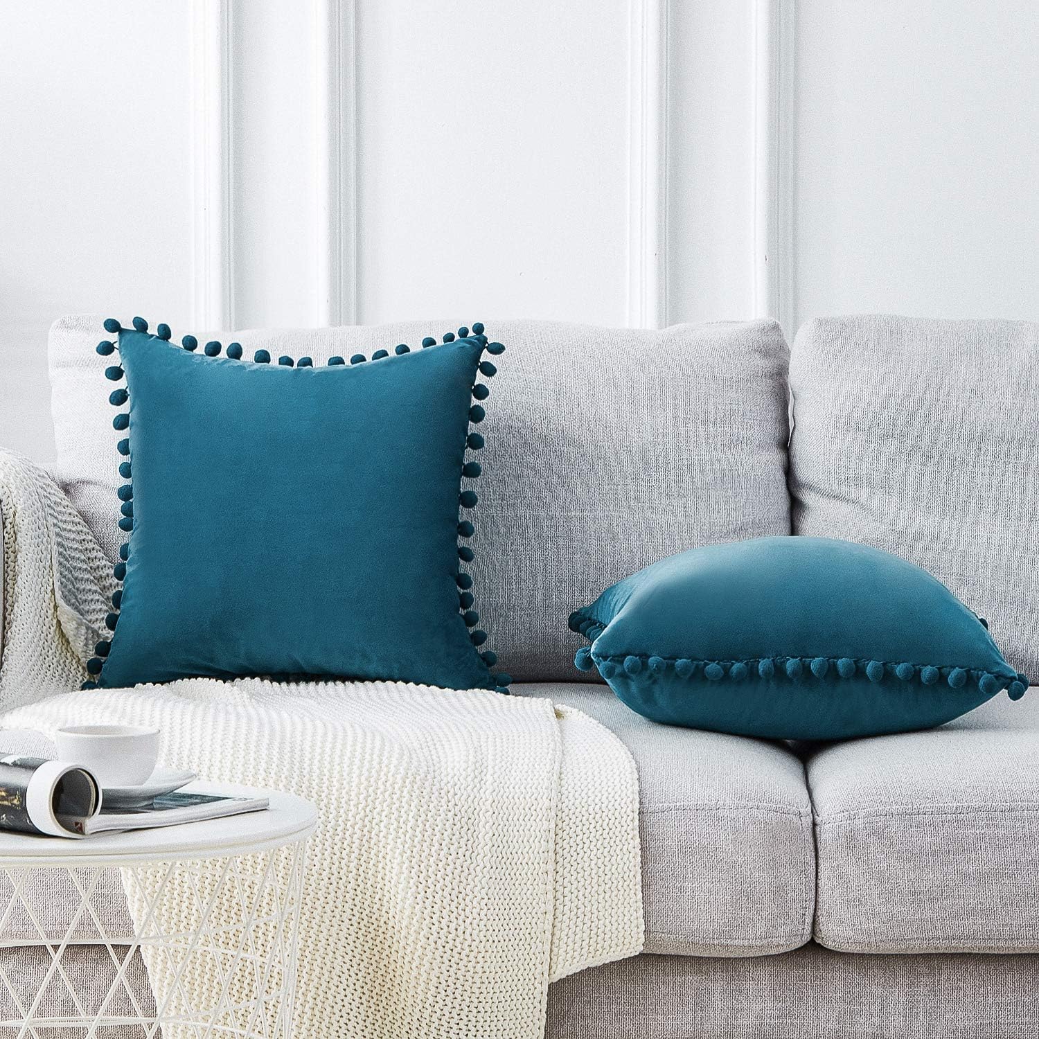 Set of 2 velvet pillows, simple pillowcases, decorative pillow case， 45 × 45 cm，Bleu paon - 9