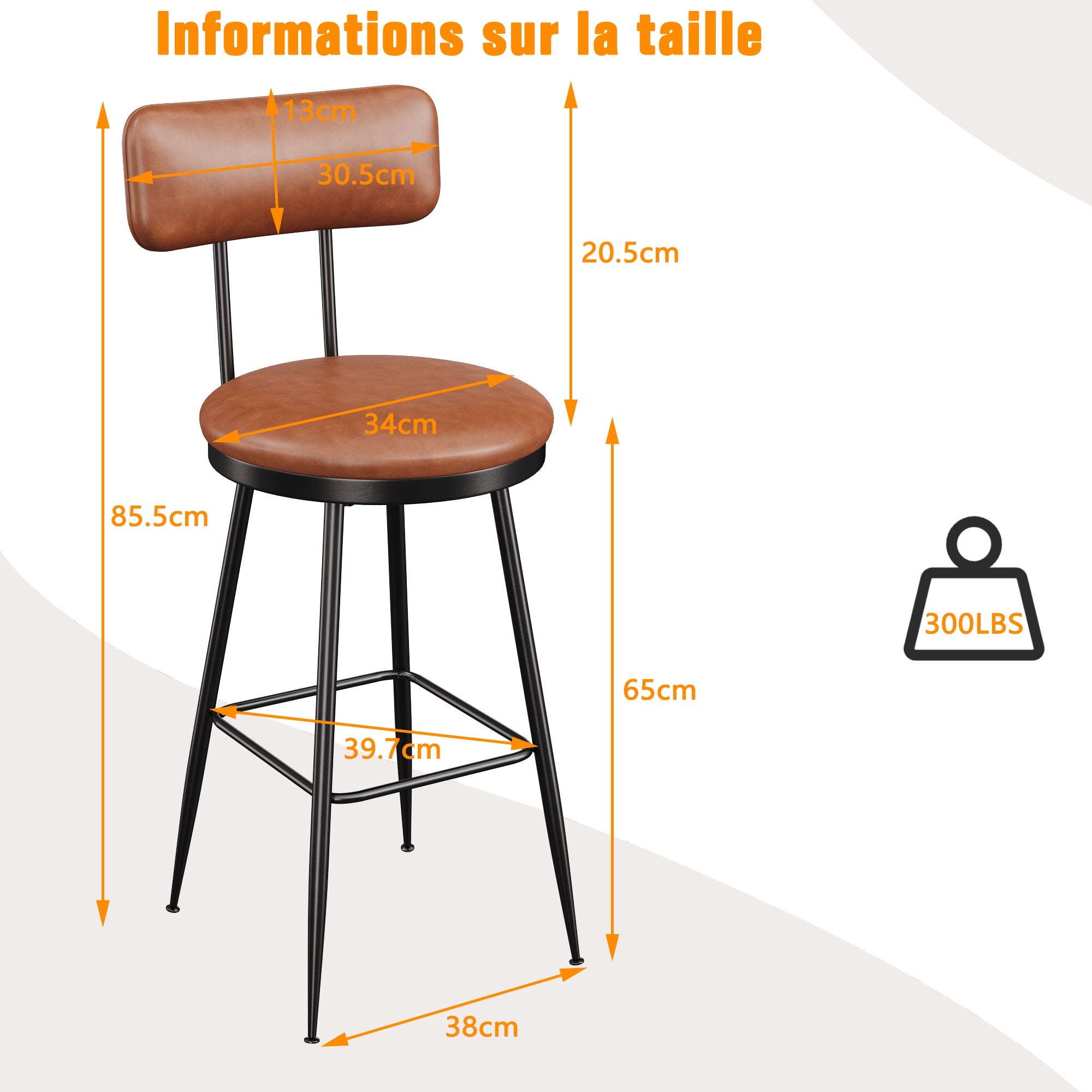 Lot de 4 Tabourets de Bar - Chaise Haute de Cuisine avec Dossier et Repose-pieds - Design Rétro et Robuste - en PU Marron - 4