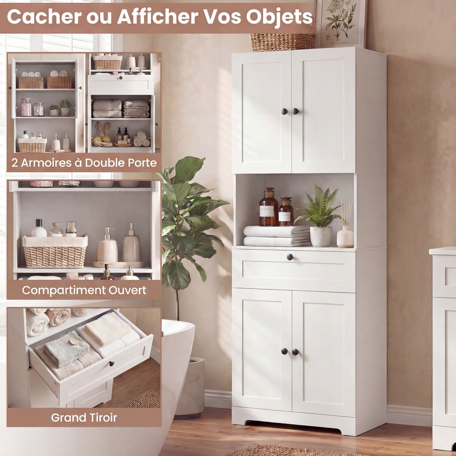 Mobiletto da Bagno Alto 171,5 CM, Armadietto da Terra con 4 Ante e 1 Cassetto, Vano Aperto, Ripiani Regolabili, Organizer Moderno in Legno per Bagno - 6