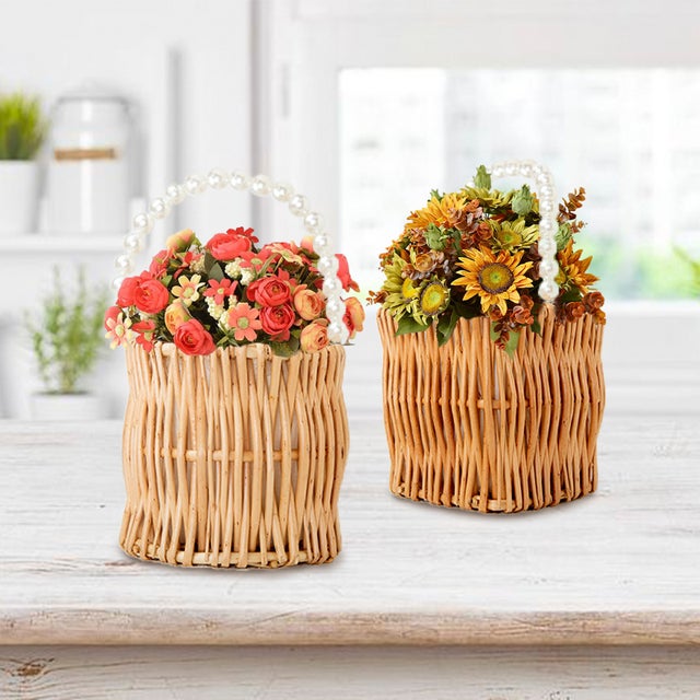Panier en osier tressé pour fleurs et rangement avec doublure 13,5x13,5x14 cm marron
