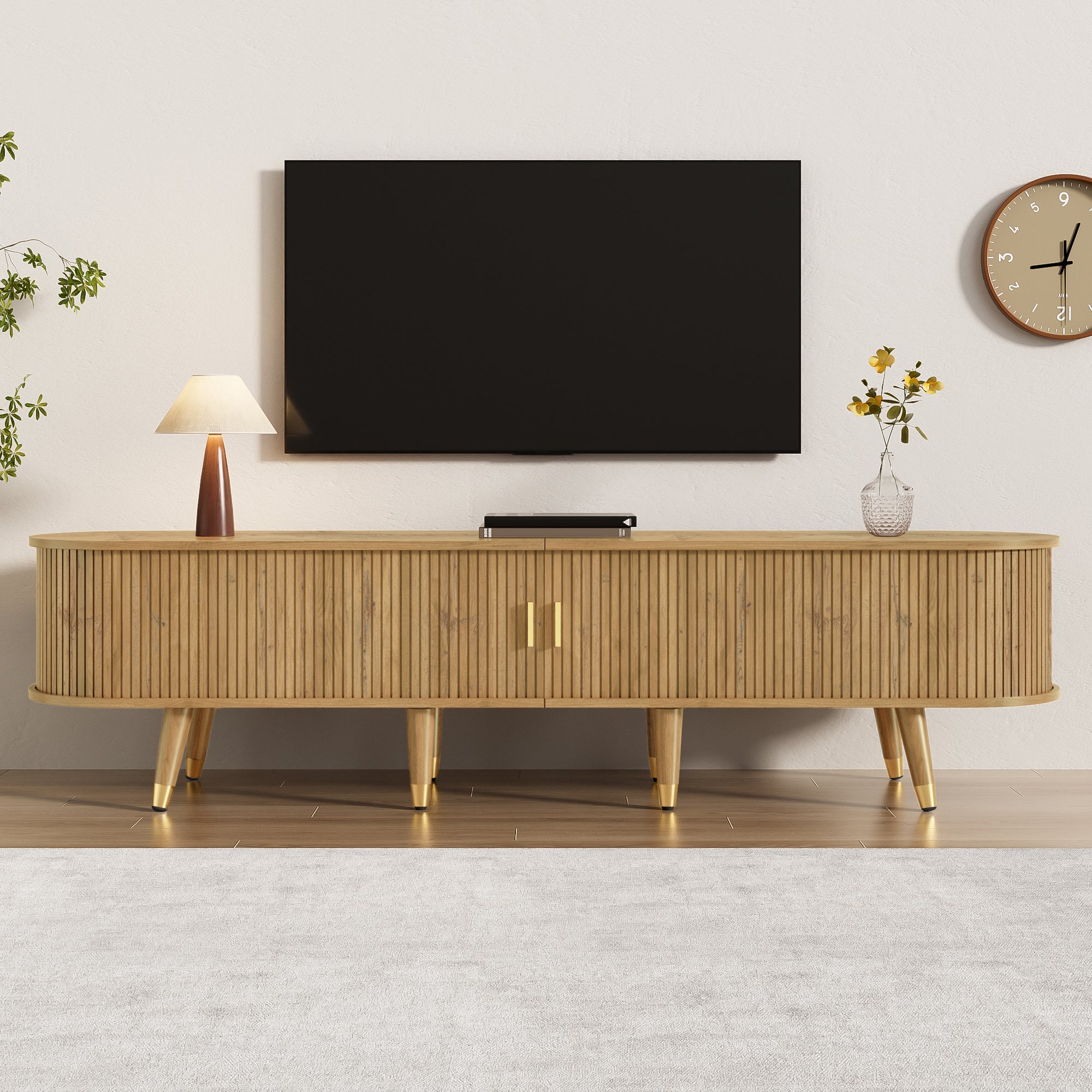 Stolik pod telewizor w stylu rustykalnym 175 x 38 x 45 cm - 2 drzwi przesuwne i 2 szuflady - Wykończenie drewniane - Płyta MDF - Naturalny - 4