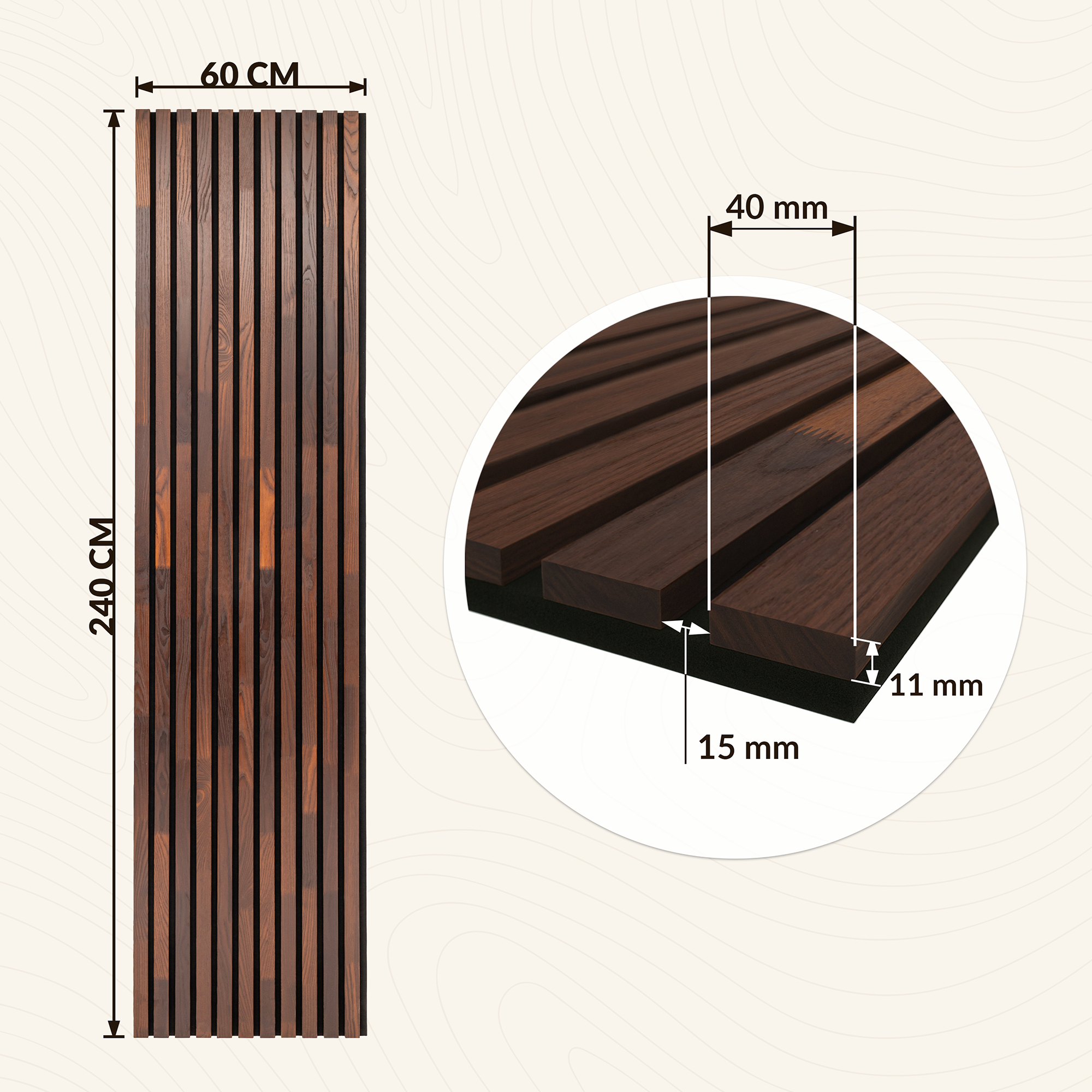 Lot de 2 Panneau Tasseau Acoustique en Bois - Frêne Thermique Naturel - 2400x600mm - Lattes 40mm, Support en Feutre Noir - 3