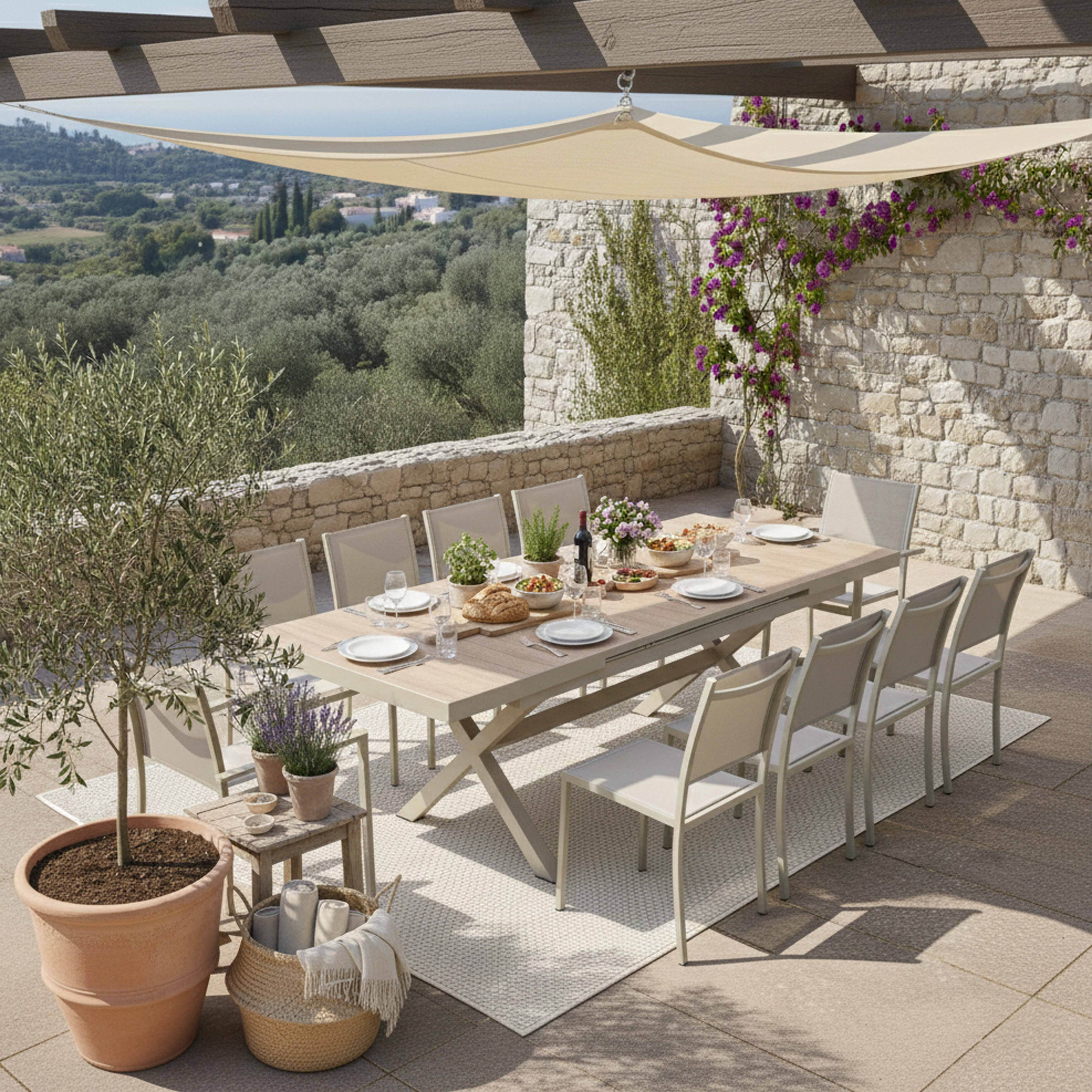 Table extensible aluminium et céramique avec 10 chaises beige , Tivoli - Oviala - 3