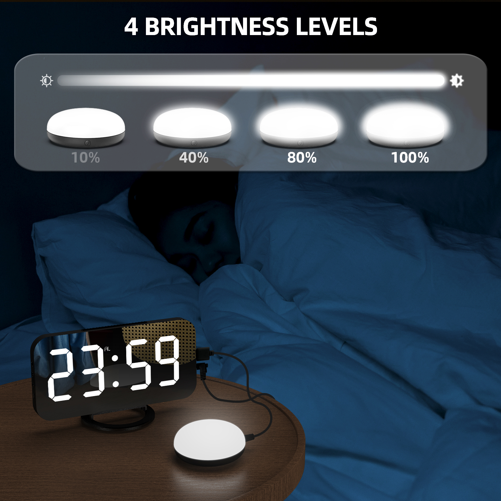 Sveglia digitale ad alto volume per adulti con sonno pesante con scuotiletto, luce LED regolabile, snooze, sveglia, orologio per camera da letto, nero - 5
