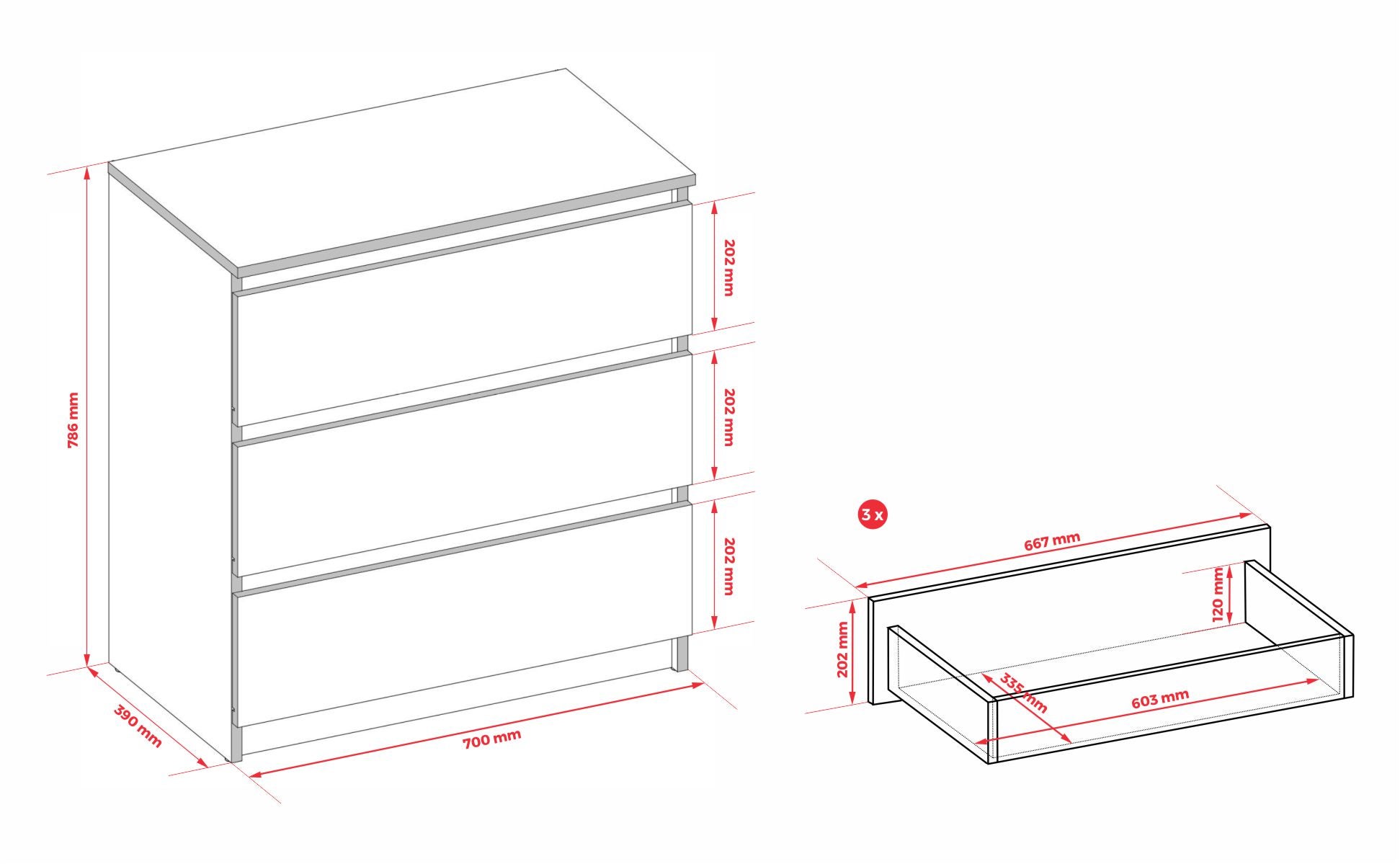 Commode 3 tiroirs, cachemire, 70 x 39 x 79 cm - 5