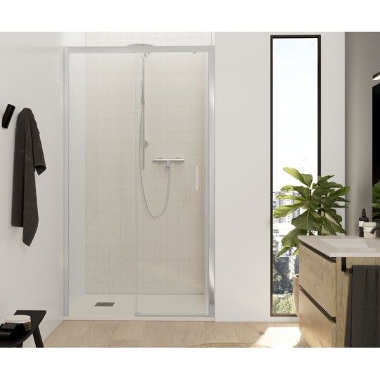 Mampara de ducha frontal 105 cm h195 cm, 1 puerta fija + 1 corredera, perfil cromado, sin guía inferior, vidrio transparente 6mm. antical