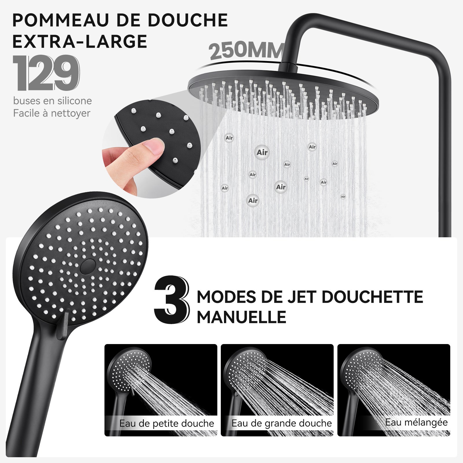 Columna de ducha negra,termostática,con cabezal de ducha 3 chorros, 25 x 25 cm Cabezal de ducha, altura ajustable,conjunto ducha para baño,redondo - 8