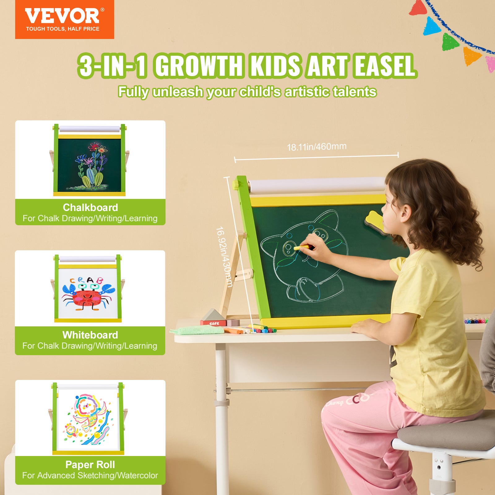 chevalet d'art de bureau pour enfants,VEVOR chevalet en bois réversible 3 en 1 avec tableau magnétique,papier à rouler,pliable,avec accessoires - 2
