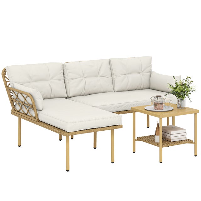 Conjunto Jardín Mimbre 3 Piezas Sofá Tumbona Mesa Centro Cojines Anti-UV Crema 190x130cm
