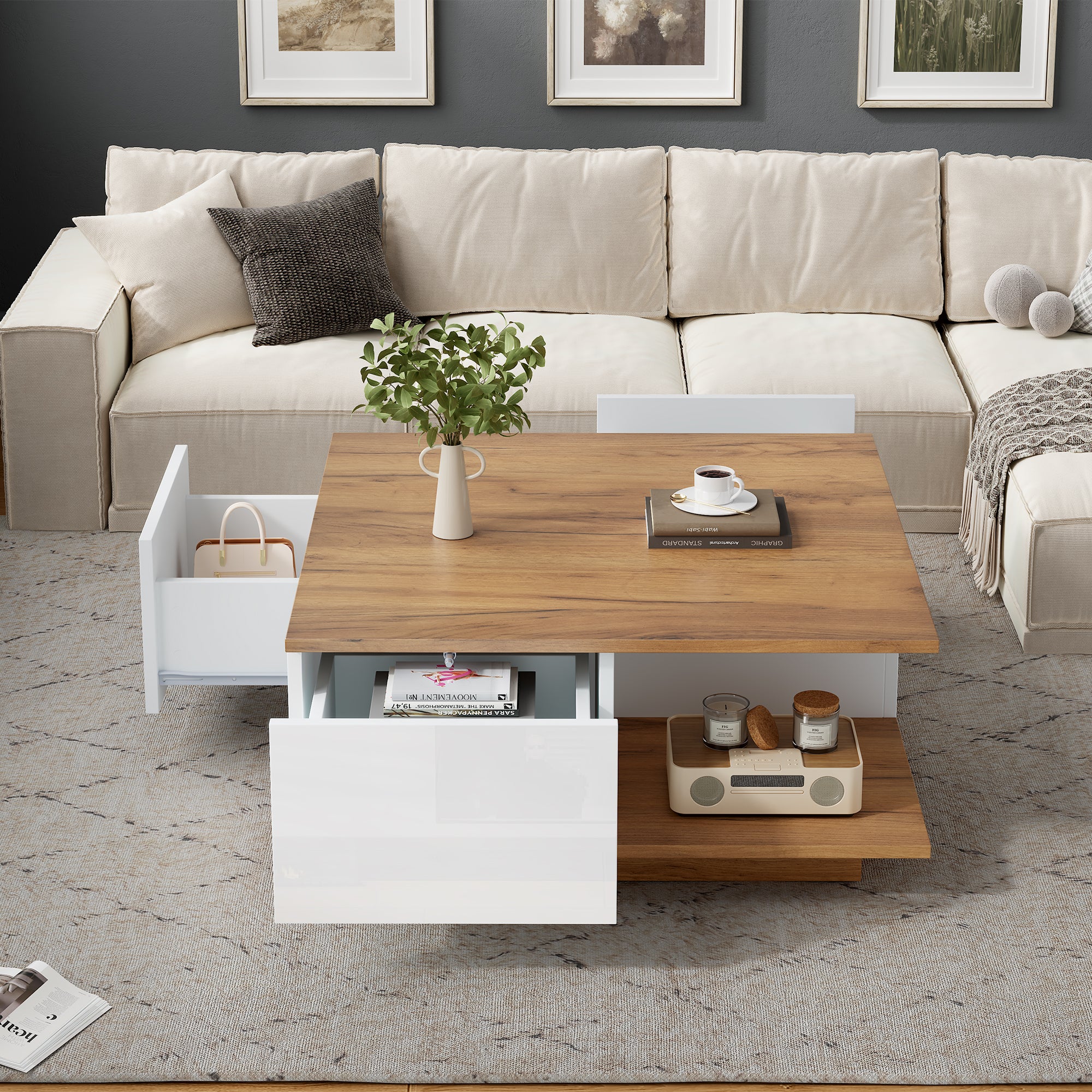 Stolik kawowy kwadratowy z 3 szufladami, stolik pomocniczy - 70 x 70 x 31,5 cm - diody LED - płyta wiórowa - kolor biały i orzechowy