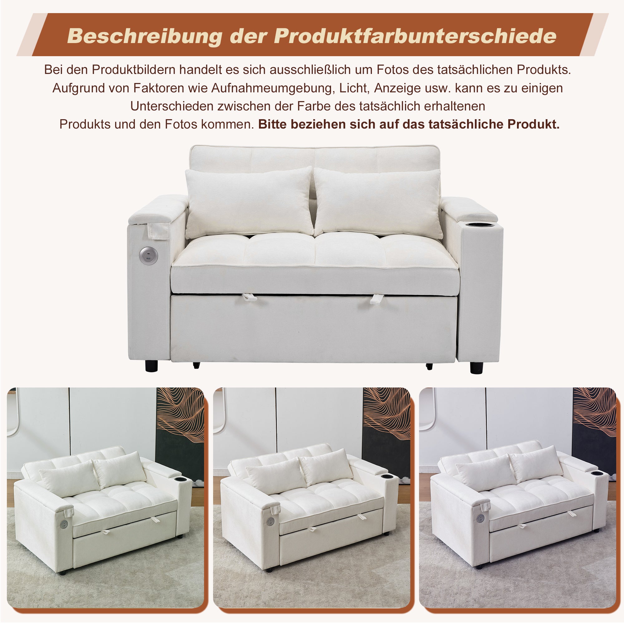 Canapé-lit 3-en-1 140,5x74x82 cm avec dossier réglable, USB, 2 places, tablette cachée, porte-boissons, beige - 9