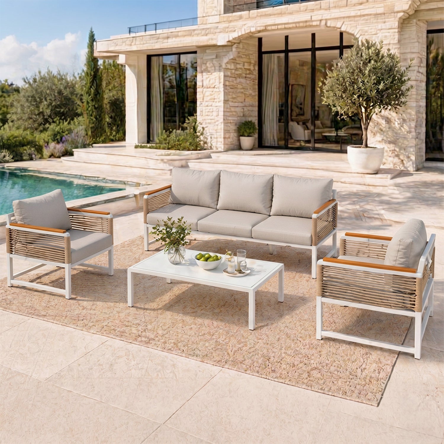 Salon de jardin 5 places avec table basse gris clair SOLOMON - 4