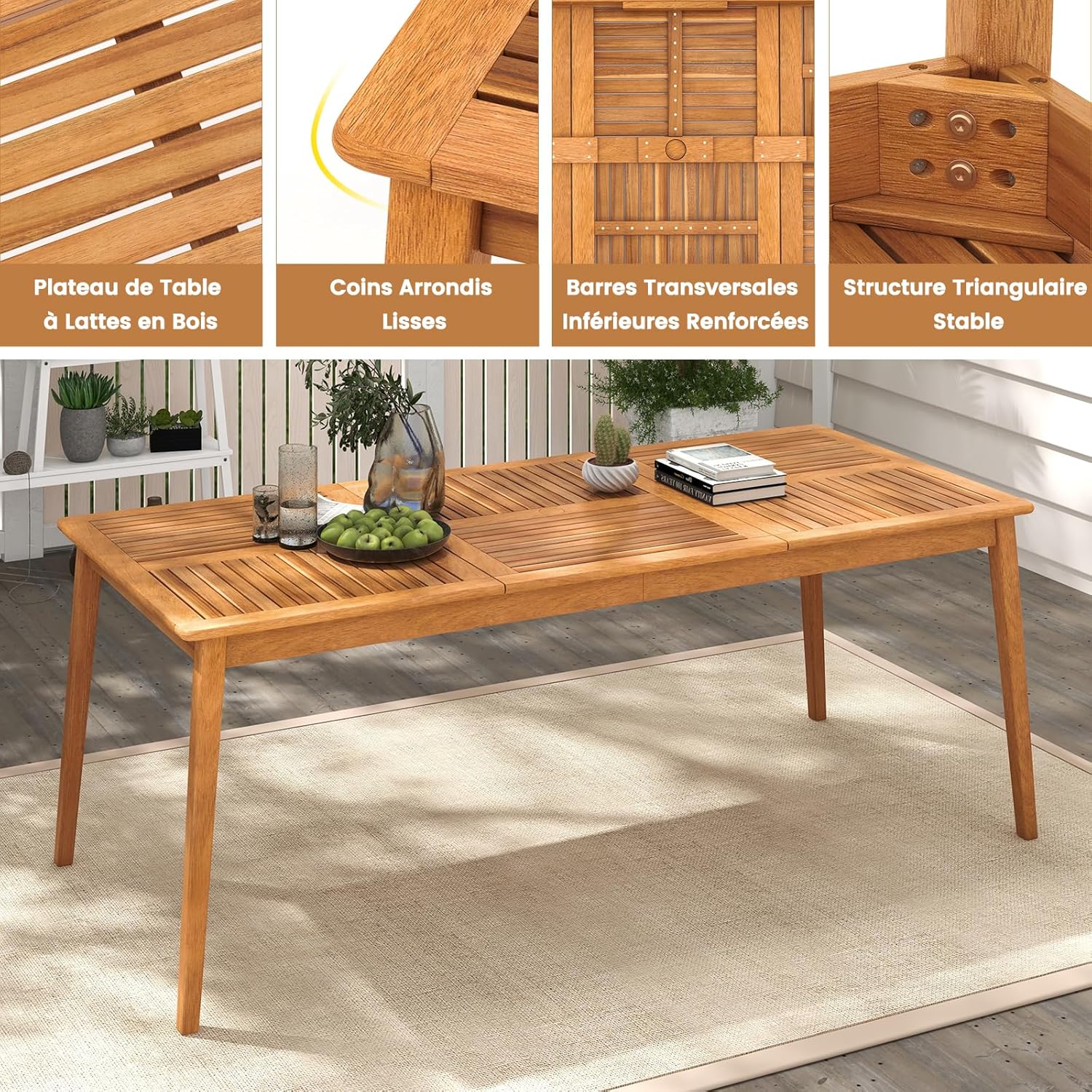 Table de Salle à Manger Extérieur en Bois d'Acacia-FSC 90x200CM pour 8 Personnes,Table Salon de Jardin avec Trou Parasol Intégré, Charge 160KG - 5