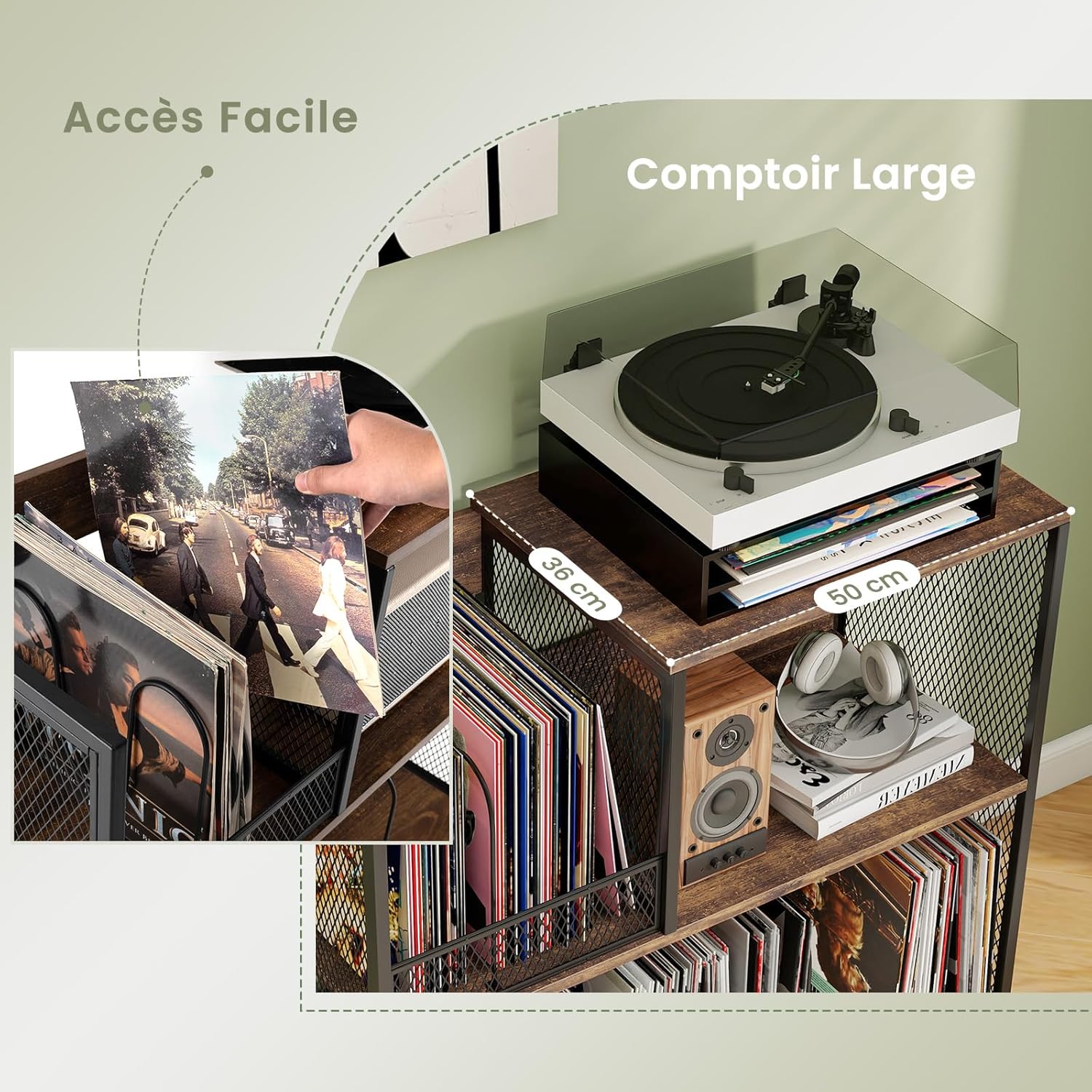 Meuble Platine Vinyle 3 Niveaux pour 300 Albums, Support de Tourne-disques avec3 Séparateurs Amovibles et Structure Métallique, Étagère Rangement - 7