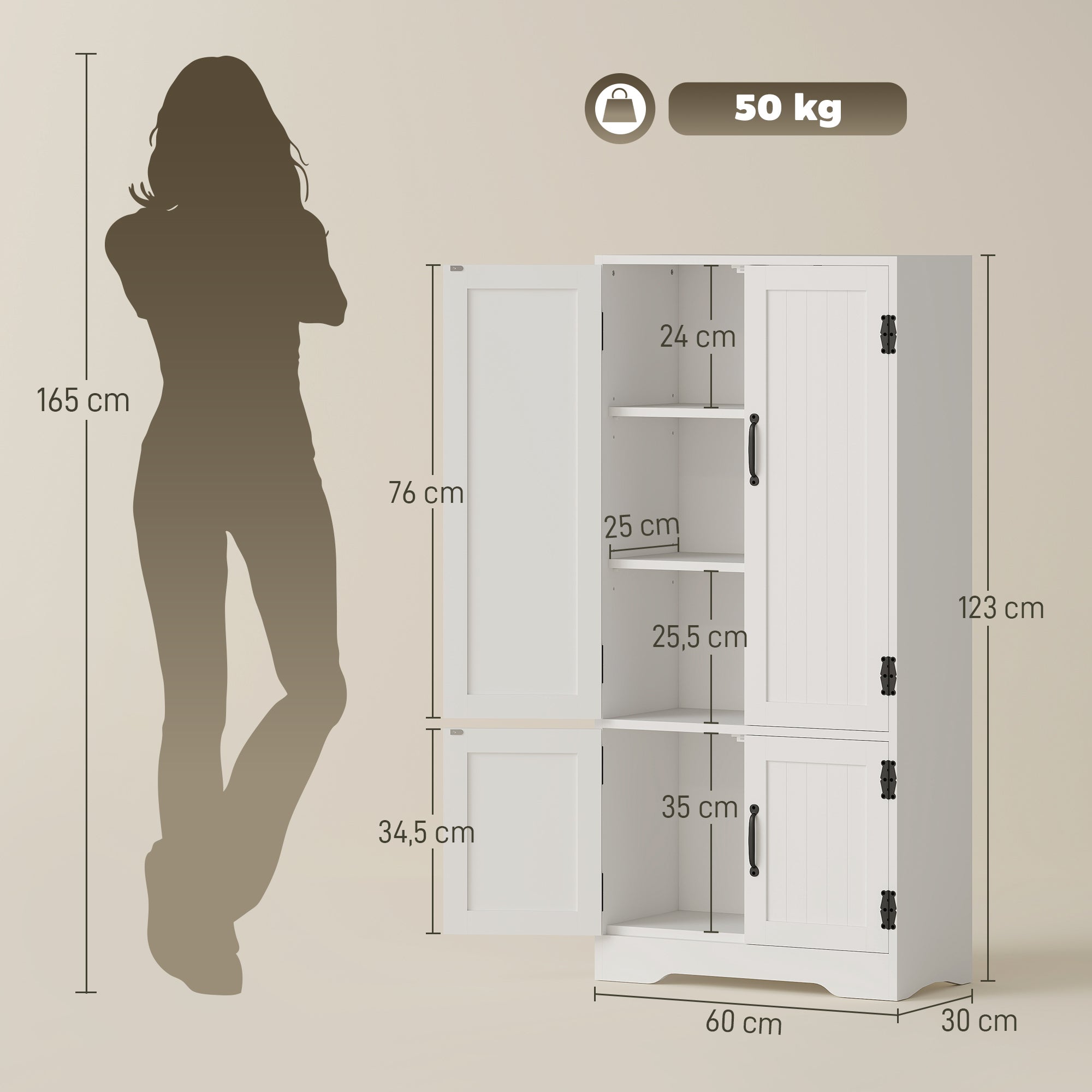 HOMCOM Alacena de Cocina Aparador Alto de Cocina Mueble Auxiliar con 4 Puertas y Estantes Ajustables para Salón Baño 60x30x123 cm - 3