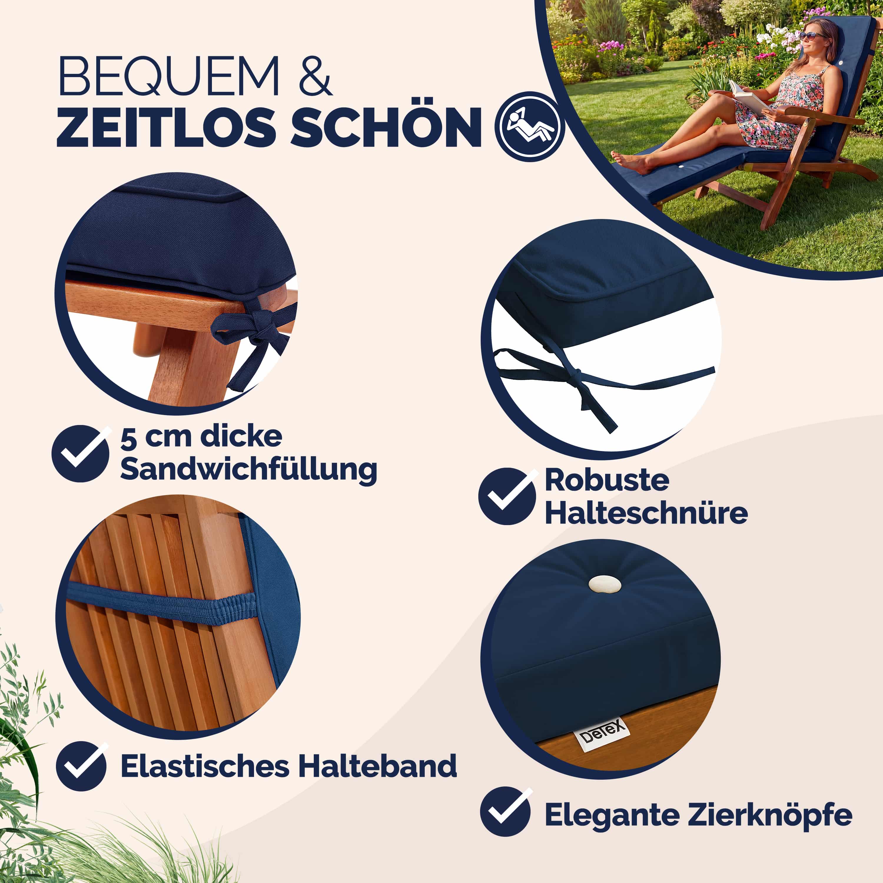 Detex Coussin pour chaise longue bleu pour siège inclinable coussin pour bain de soleil relaxation intérieur extérieur hydrofuge - 3